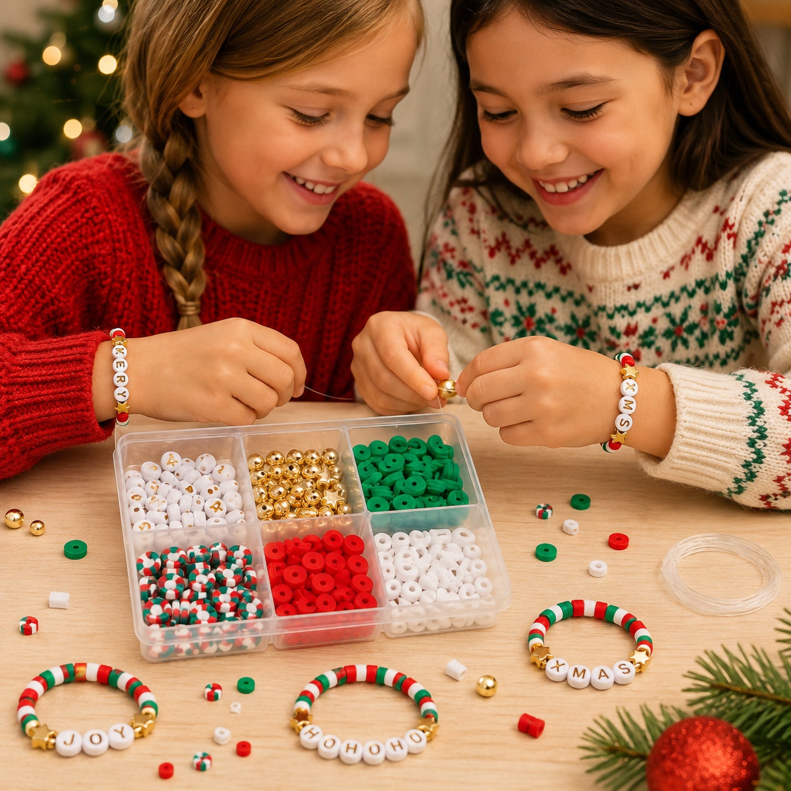 Two children wearing festive sweaters sit together creating personalised Christmas friendship bracelets. A compartment tray filled with colourful red, green, white and gold beads is displayed on a wooden table alongside completed bracelets spelling festive messages. The scene highlights creative holiday crafting, friendship activities and personalised jewellery making.