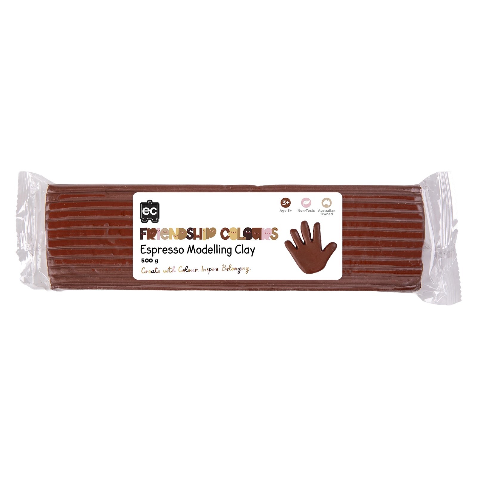 Packaged Educational Colours Friendship Colours Espresso Modelling Clay 500g shown against a clean white background. The product packaging clearly displays the espresso colour tone, age suitability, non toxic formulation and Australian owned branding.