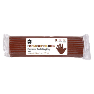 Packaged Educational Colours Friendship Colours Espresso Modelling Clay 500g shown against a clean white background. The product packaging clearly displays the espresso colour tone, age suitability, non toxic formulation and Australian owned branding.