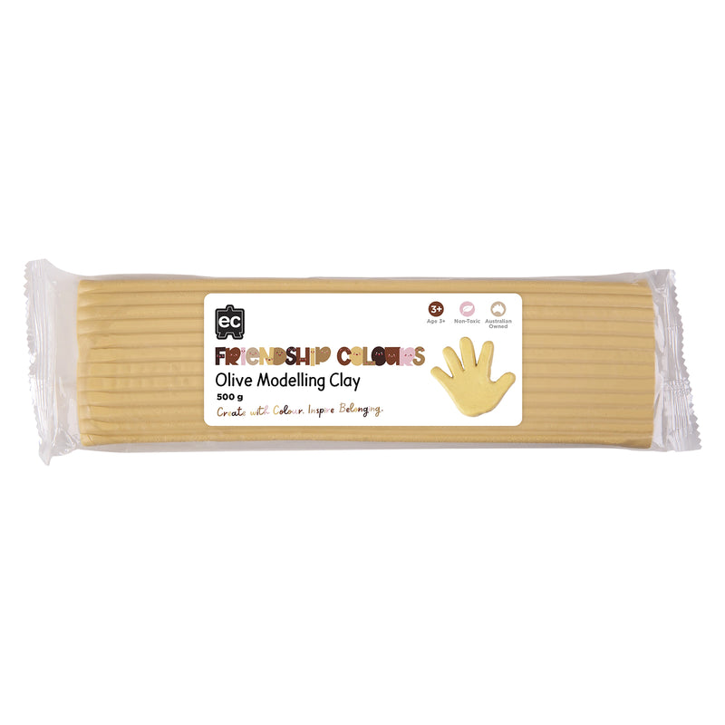 Packaged Friendship Colours Olive Modelling Clay 500g shown against a clean white background. Product packaging clearly identifies the olive shade, non toxic formulation, age suitability and Educational Colours branding for easy product recognition.