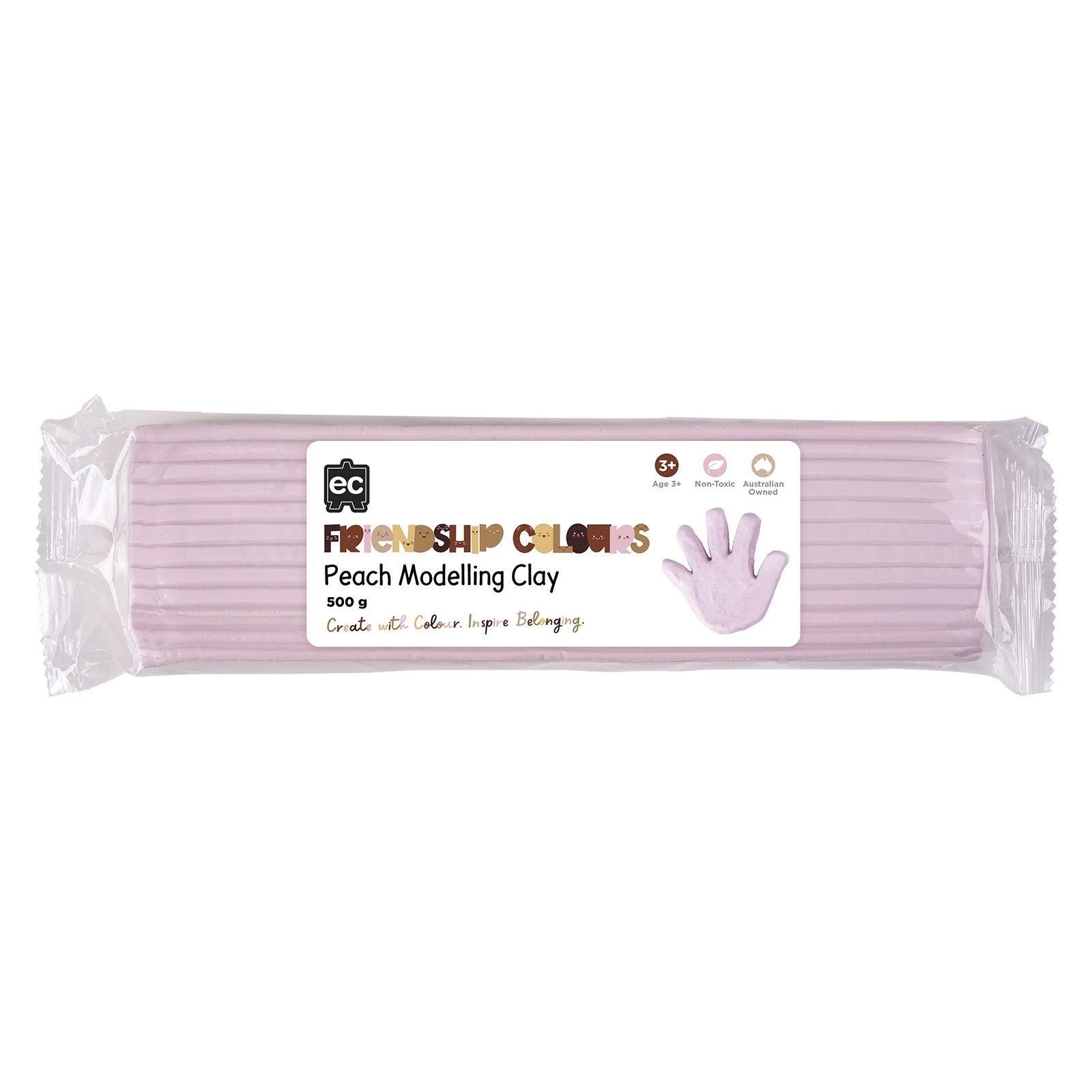 Packaged Friendship Colours Peach Modelling Clay 500g shown on a plain background. The product packaging clearly displays the peach shade, Educational Colours branding, non toxic formulation and age suitability for easy identification.