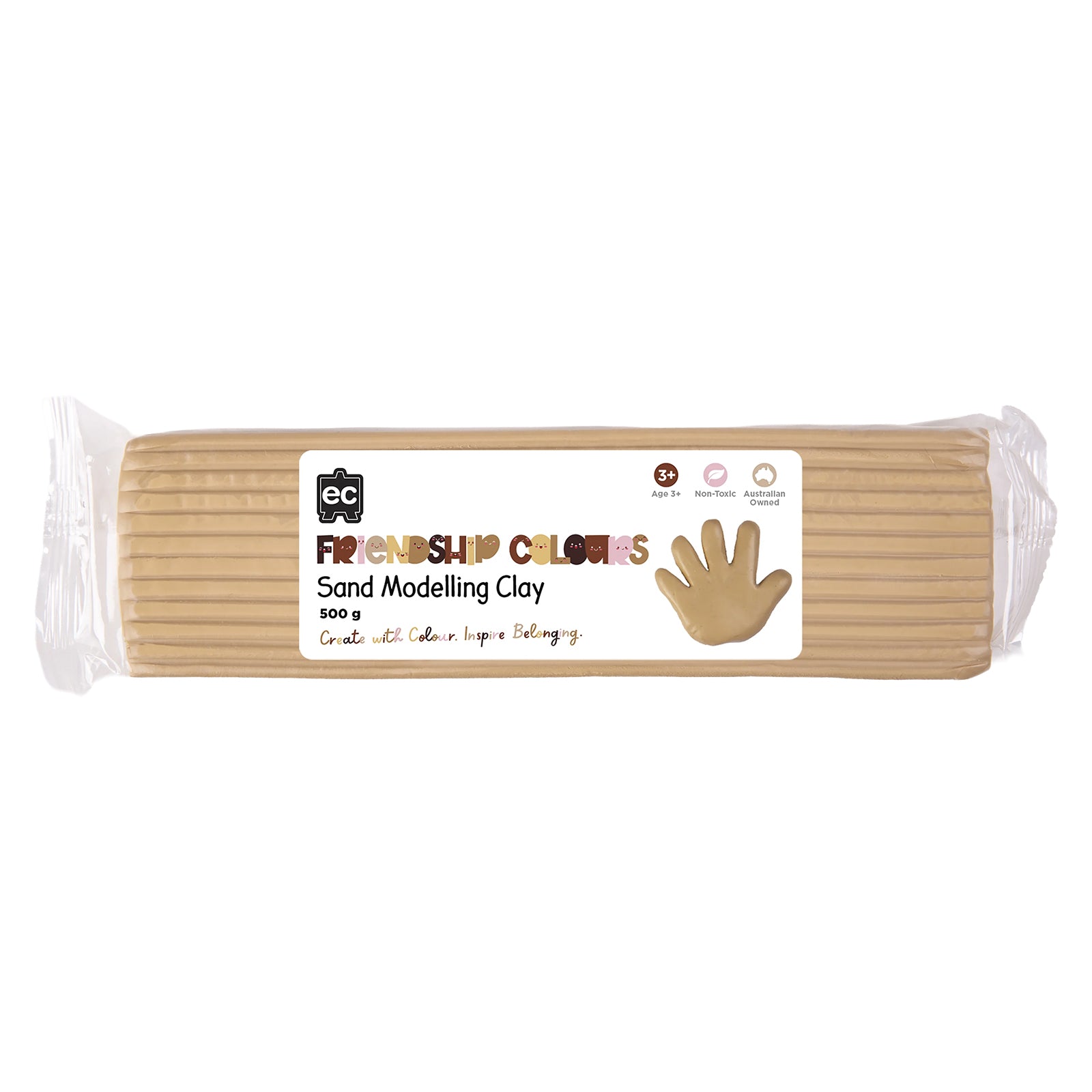 Packaged Friendship Colours Sand Modelling Clay 500g displayed on a clean white background. The image clearly shows the sand coloured clay block, product branding, non toxic formulation and educational suitability for easy product identification.