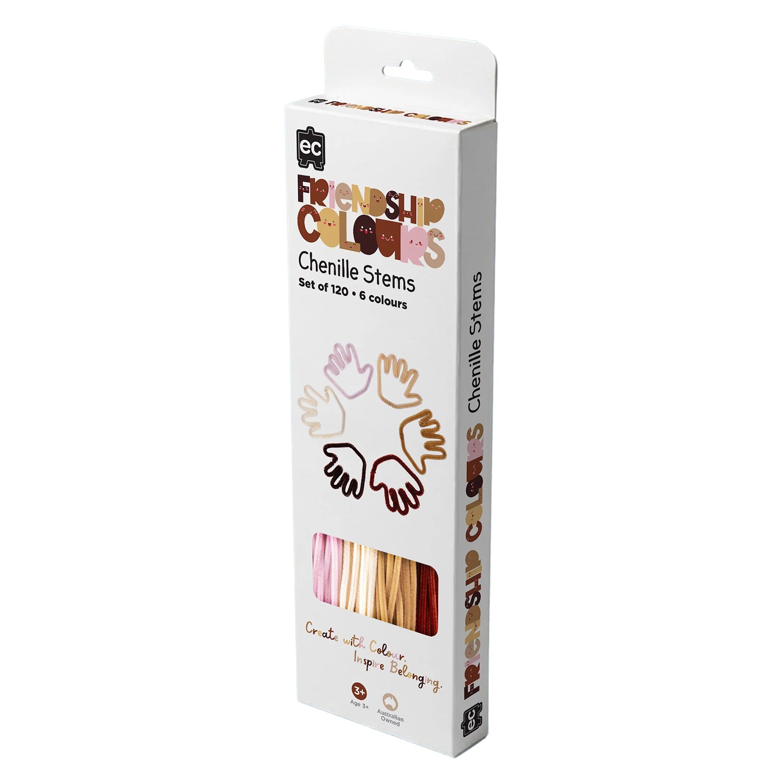 Studio product image of the Friendship Colours Chenille Stem Set of 120 packaging. The pack highlights six colours, Australian ownership and suitability for children aged three years and above, making it ideal for classrooms and craft environments.