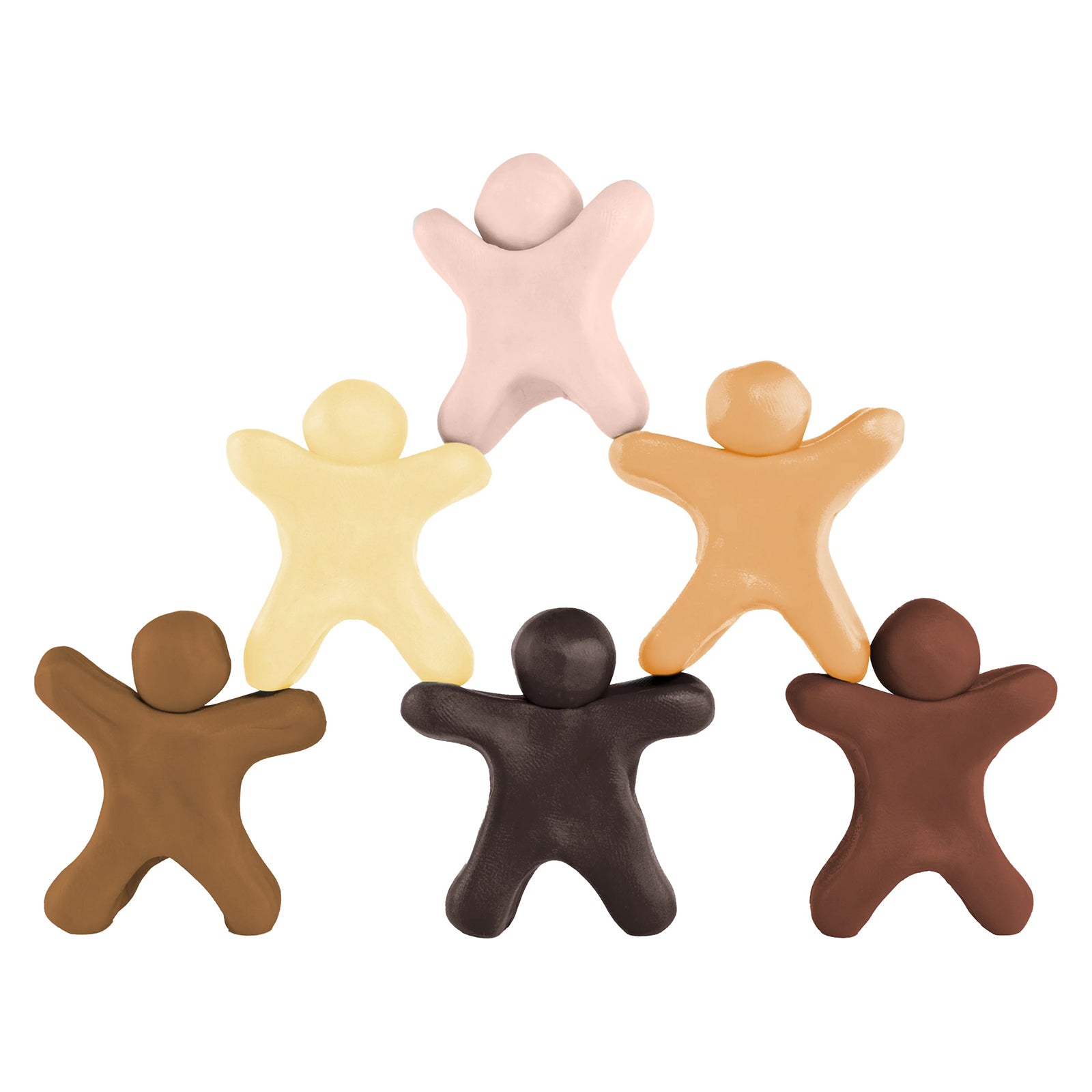Studio image showing six stylised human figures crafted from the included skin tone clay colours. The arrangement symbolises belonging, diversity and community, reflecting the educational purpose of the Friendship Colours range.