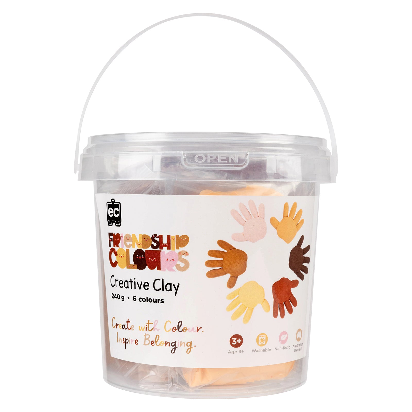 Front packaging image of Educational Colours Friendship Colours Creative Clay 240g Set of 6. The container displays product branding, diversity themed artwork and key product information suitable for catalogue and retail presentation.