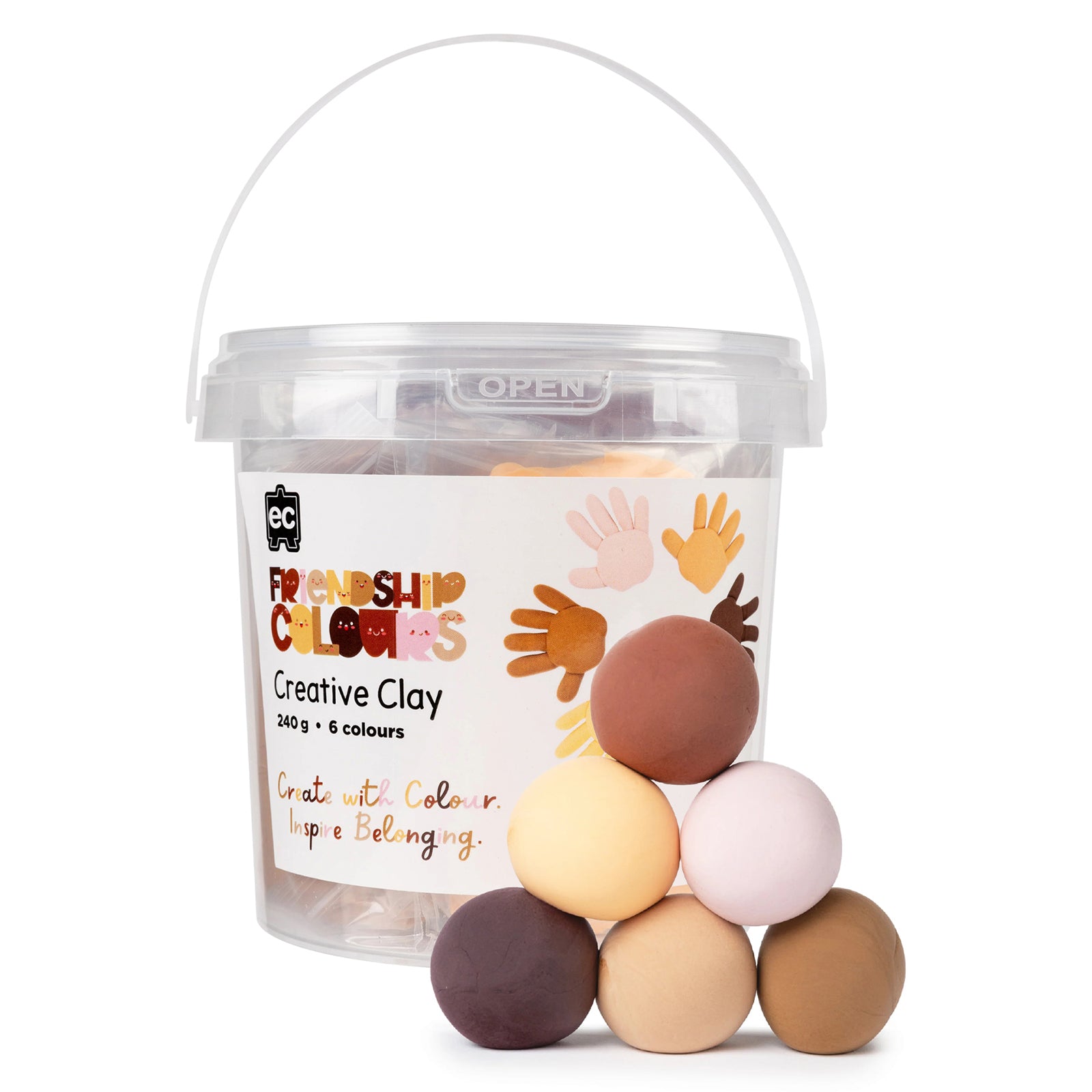 Product packaging displayed alongside the six skin tone clay colours arranged in front of the container. The image highlights the included colour assortment and convenient storage tub for educational and craft use.