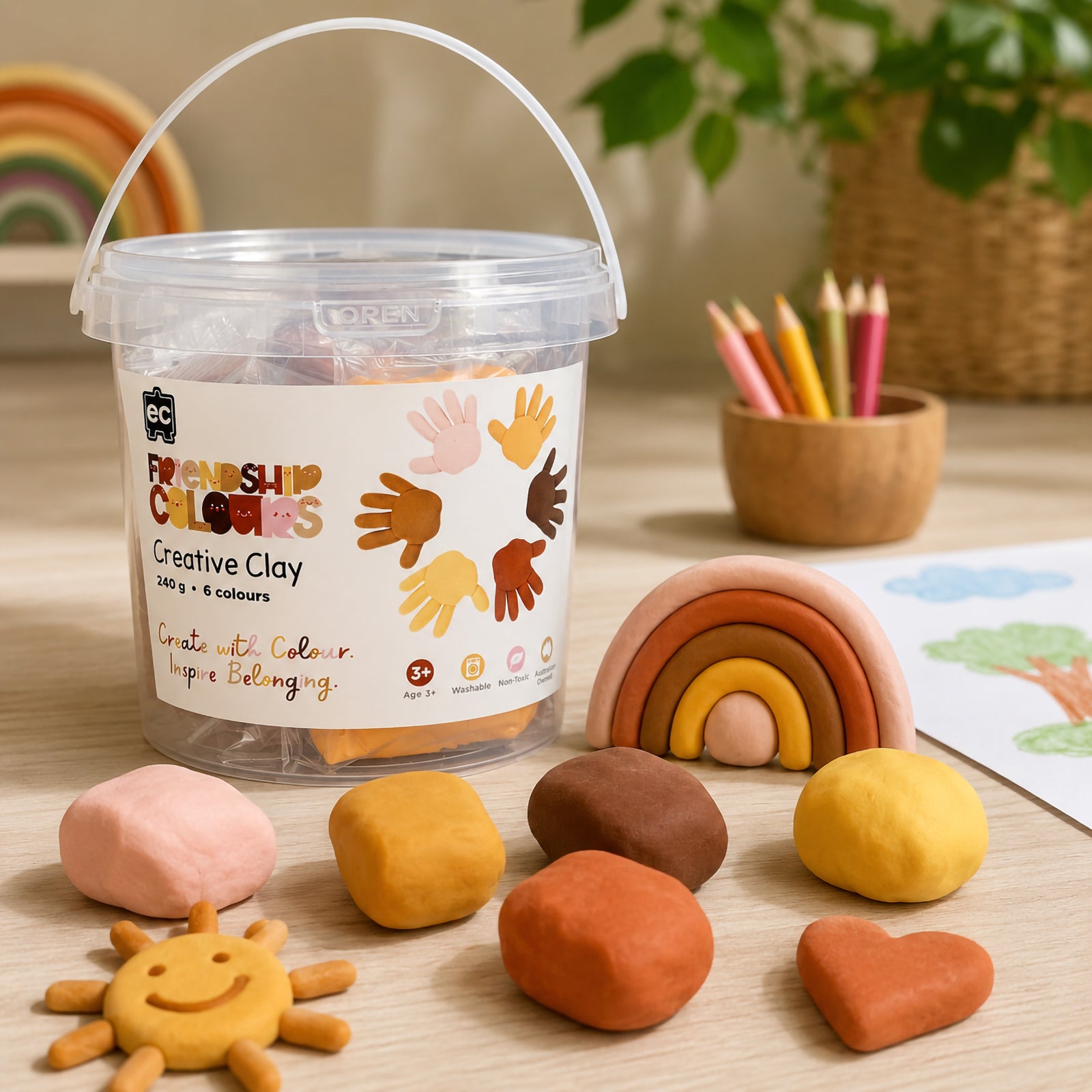 Friendship Colours Creative Clay 240g set displayed with six clay colour blocks, a rainbow sculpture and handmade clay shapes. The image highlights the diverse skin tone palette and the product's suitability for classroom learning and sensory activities.