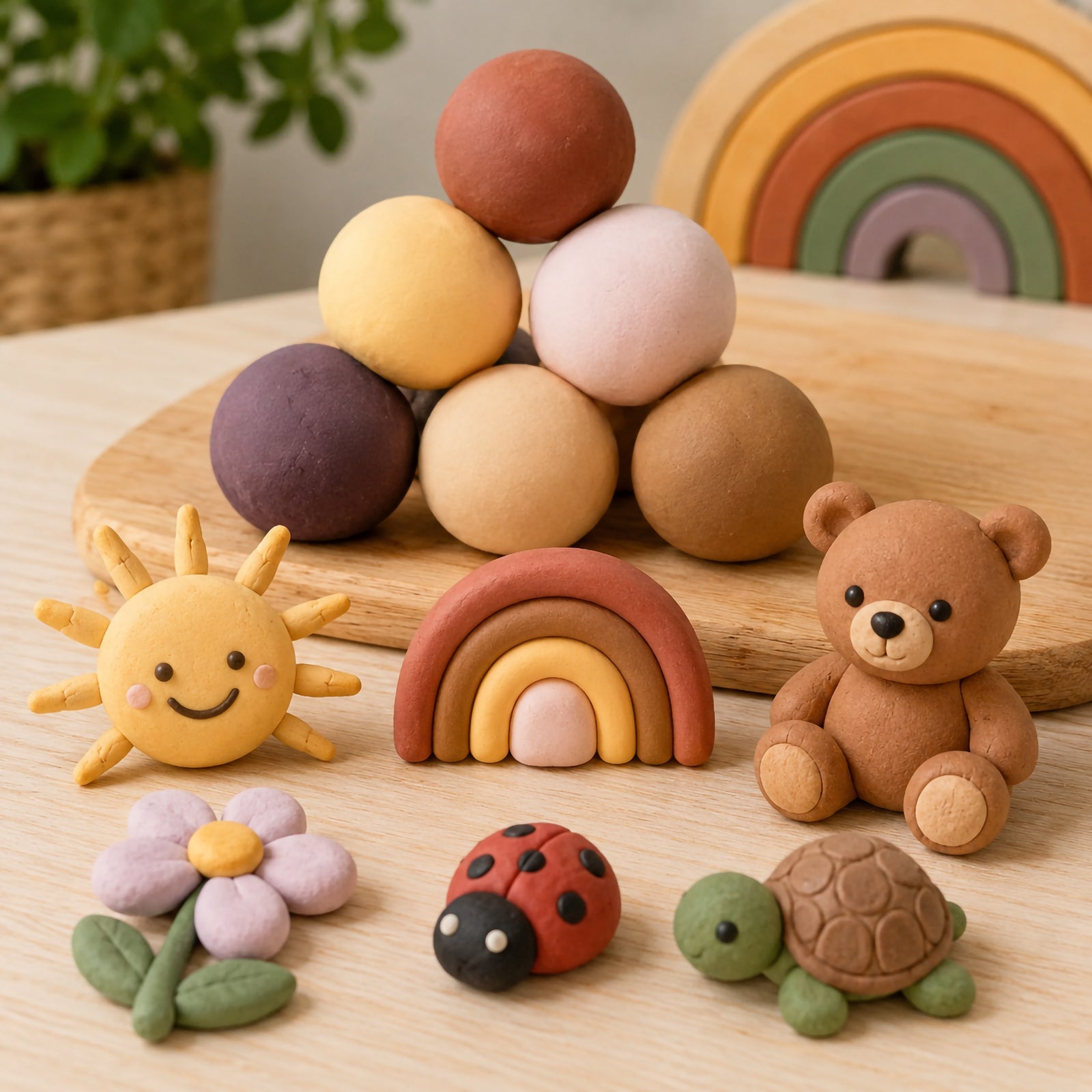 Assorted skin tone clay balls displayed alongside finished clay creations including a teddy bear, rainbow, flower, ladybird, turtle and smiling sun. This image demonstrates the versatility of the clay for imaginative modelling, educational projects and inclusive creative play.