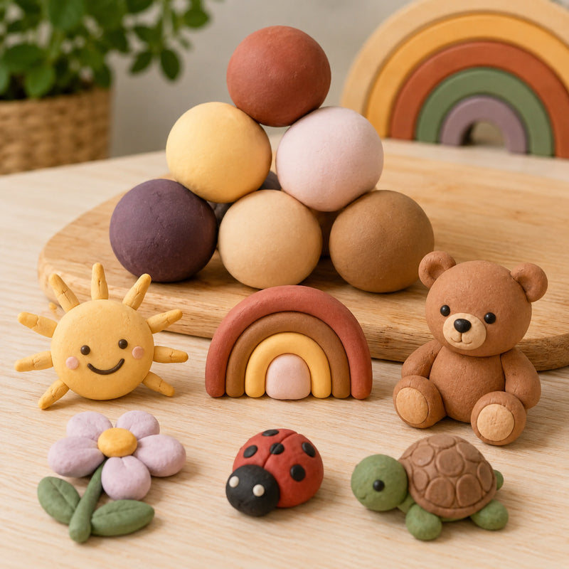 Assorted skin tone clay balls displayed alongside finished clay creations including a teddy bear, rainbow, flower, ladybird, turtle and smiling sun. This image demonstrates the versatility of the clay for imaginative modelling, educational projects and inclusive creative play.