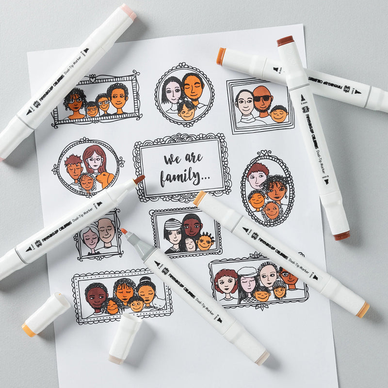Friendship Colours markers surrounding family themed colouring pages. The image showcases how the skin tone colours can be used to personalise portraits, family projects and cultural learning activities with greater authenticity.
