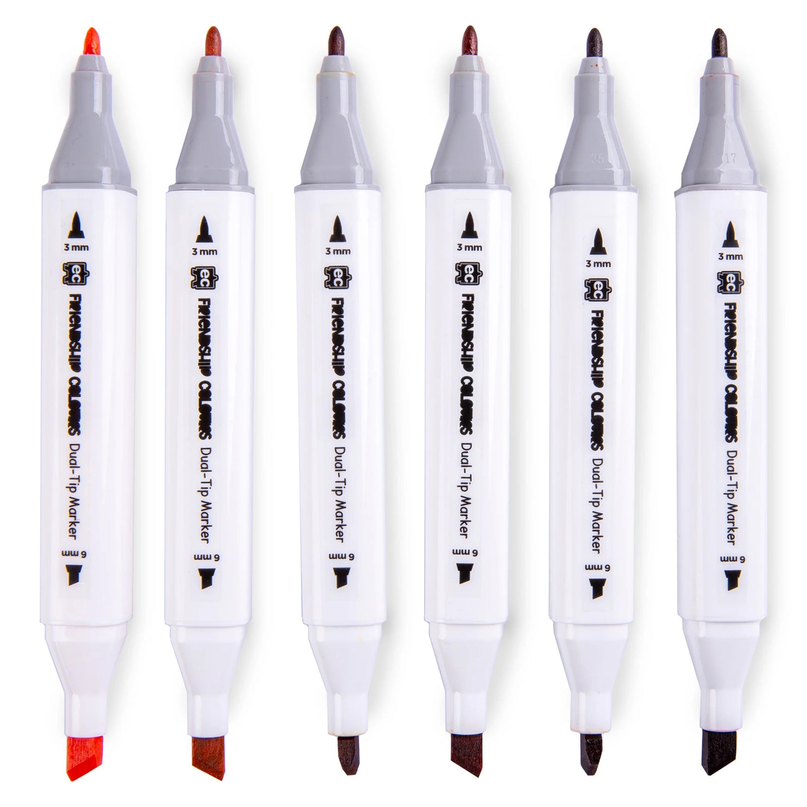 Individual Friendship Colours markers displayed vertically to showcase the full range of six skin tone colours. The image highlights the dual tip construction and colour variety included within the set.