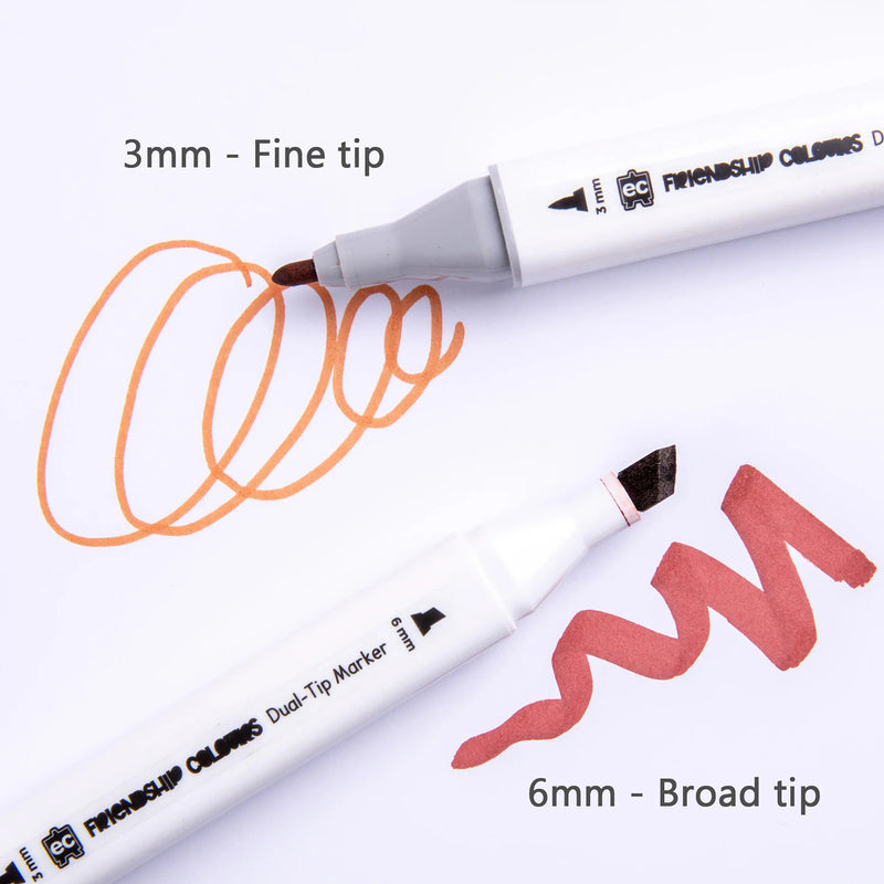 Close up view of the dual tip marker design displaying both the 3 mm fine tip and 6 mm broad tip. The image demonstrates the versatility of the markers for detailed drawing, outlining, colouring and shading techniques.