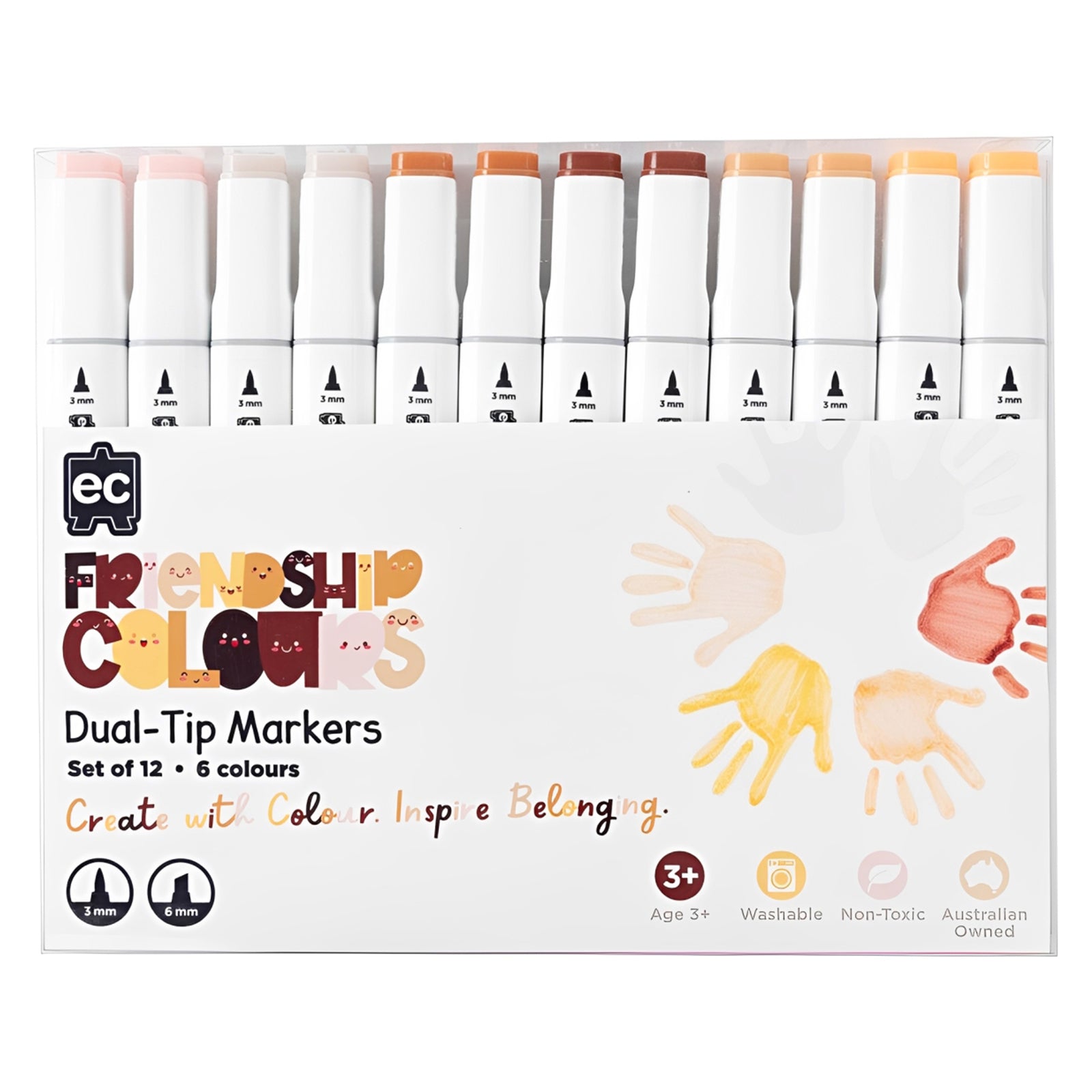 Front packaging view of the Friendship Colours Dual Tip Markers Set of 12. The packaging displays the six inclusive skin tone colours, dual tip sizes, washable formula and educational branding.