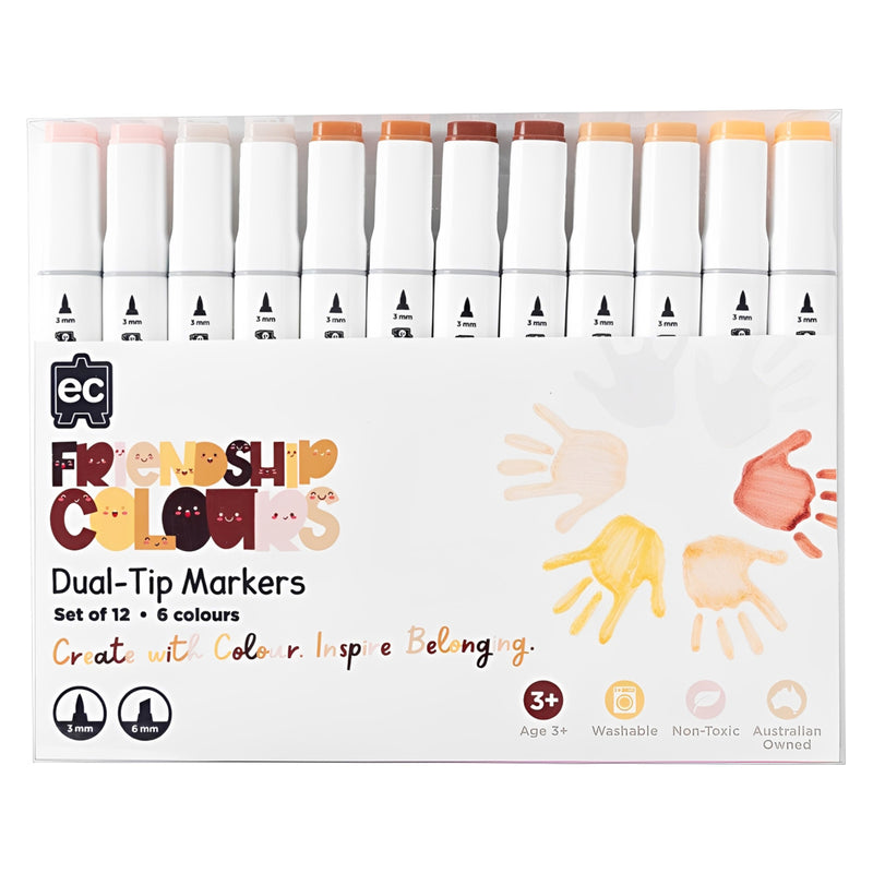 Front packaging view of the Friendship Colours Dual Tip Markers Set of 12. The packaging displays the six inclusive skin tone colours, dual tip sizes, washable formula and educational branding.