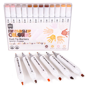 Complete marker set displayed alongside the retail packaging with both tips visible. The image clearly presents the six skin tone colours, dual tip functionality and classroom ready educational design.