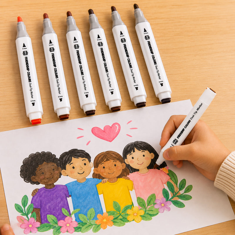 Set of Friendship Colours dual tip markers arranged above a completed artwork featuring children of different backgrounds. The image highlights the six skin tone colours and demonstrates their application in diversity focused creative activities.