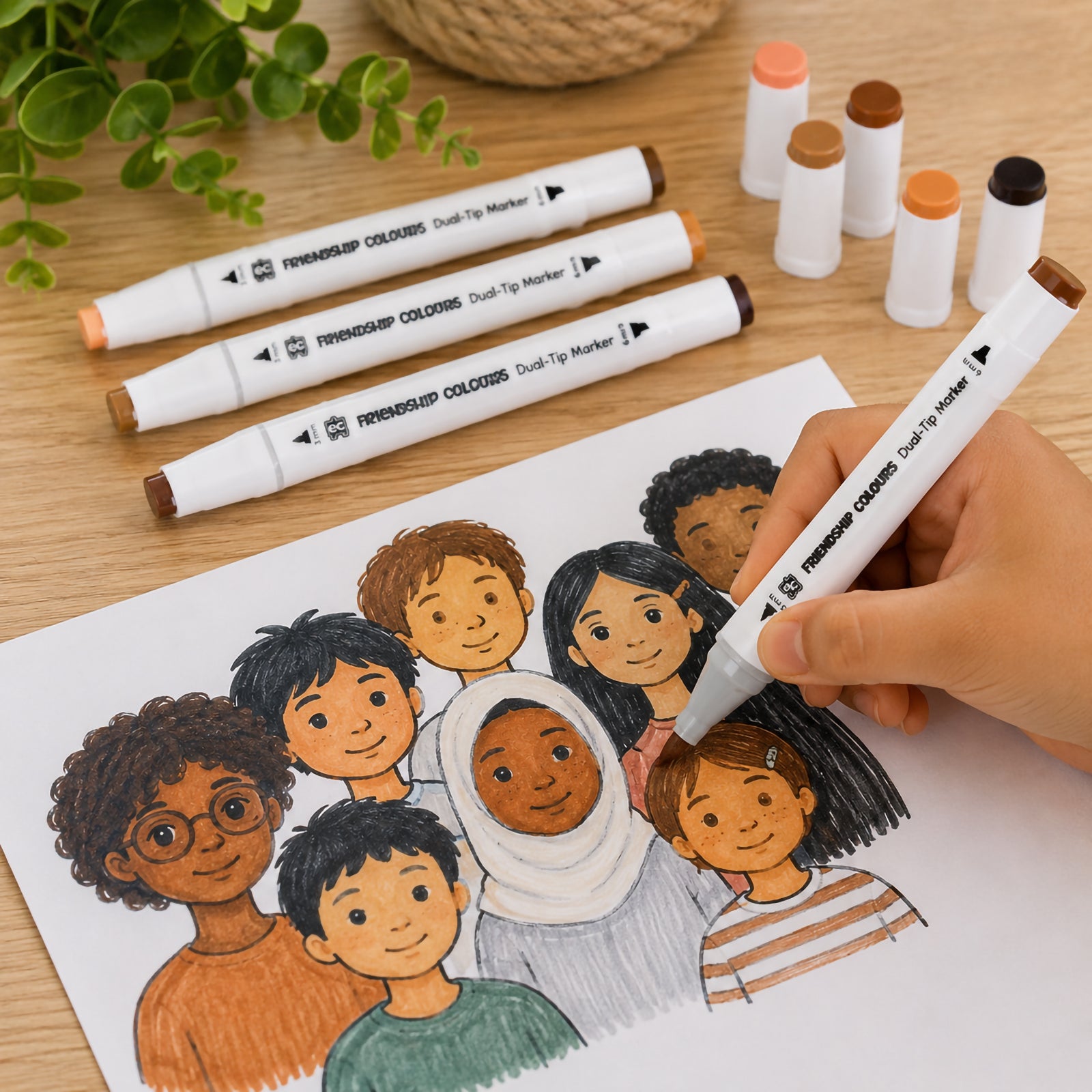 Child using Friendship Colours markers to colour a multicultural portrait drawing. Several markers and colour caps are displayed nearby, showcasing the range of skin tone shades available for inclusive classroom and home art projects.