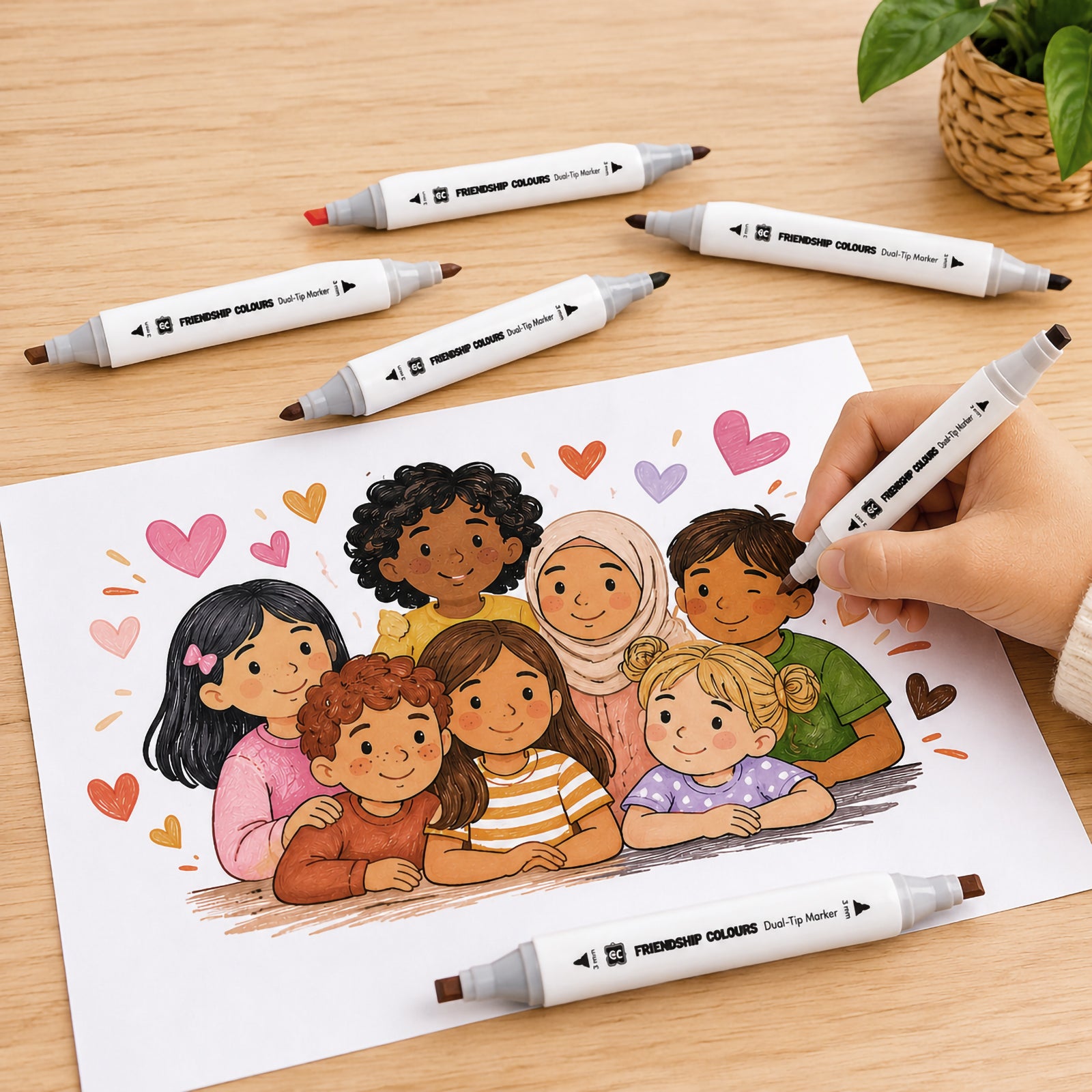 Friendship Colours dual tip markers being used to colour a diverse group illustration featuring children from different backgrounds. The image demonstrates inclusive art activities, skin tone representation and the markers' ability to create detailed and vibrant educational artwork.