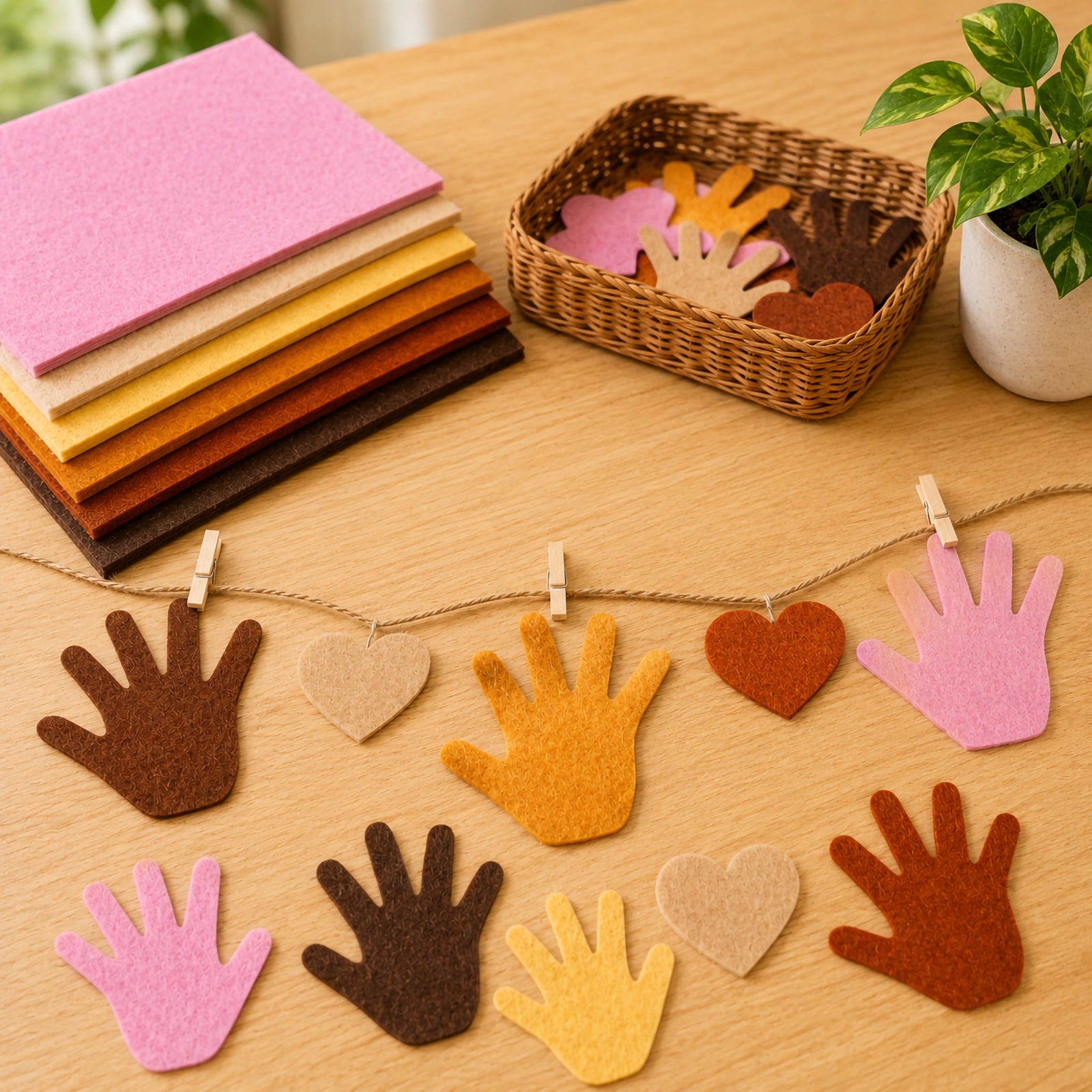 Assorted skin tone felt hand and heart cut outs are displayed on a string garland above stacked felt sheets. The image highlights the soft texture and vibrant colour range of the felt, showing how the material can be used for classroom decorations, cultural celebrations and collaborative craft projects.