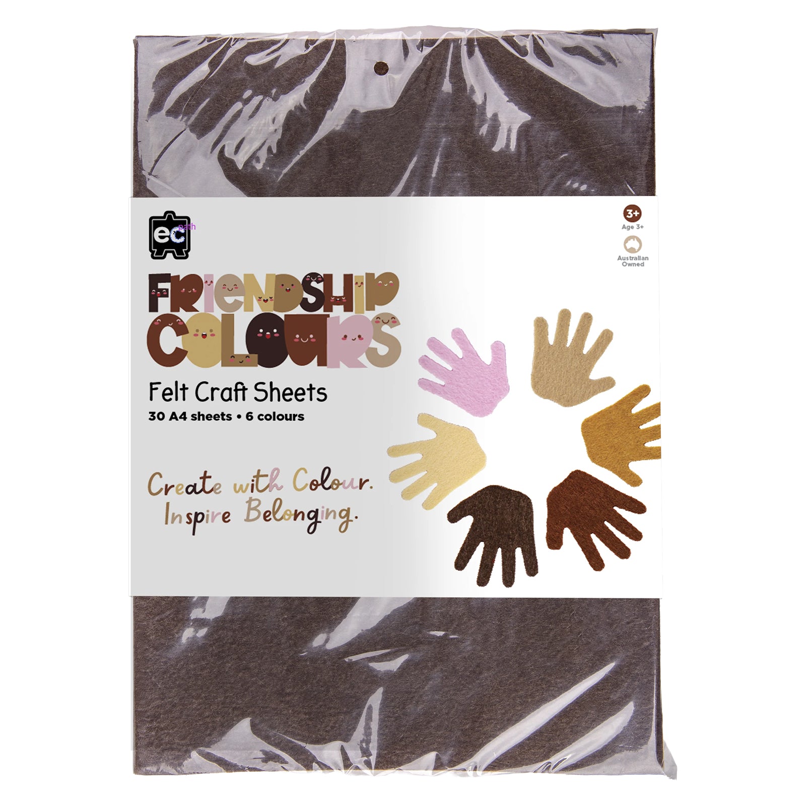 Retail packaging of the Educational Colours Friendship Colours Felt Craft Sheets set. The packaging displays the six skin tone colour range, product branding and 30 sheet quantity, providing a clear representation of the felt craft resource designed for educational and creative environments.