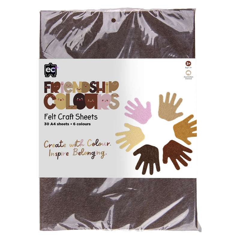 Retail packaging of the Educational Colours Friendship Colours Felt Craft Sheets set. The packaging displays the six skin tone colour range, product branding and 30 sheet quantity, providing a clear representation of the felt craft resource designed for educational and creative environments.