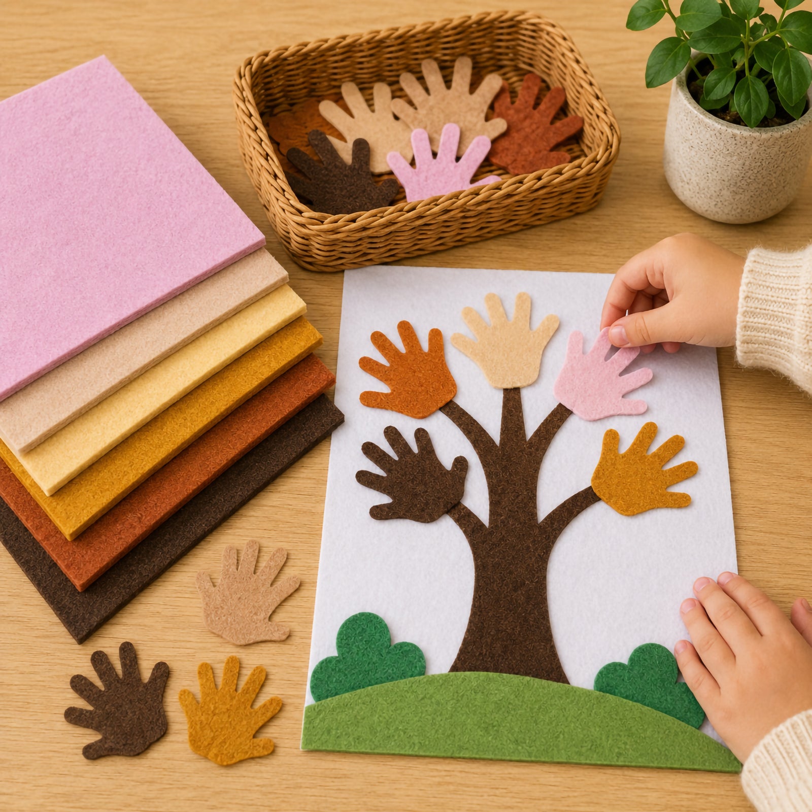 Children create a colourful felt tree artwork using hand shaped felt cut outs as leaves. The activity demonstrates the versatility of the felt sheets for educational projects, fine motor skill development and collaborative classroom activities focused on diversity and creativity.