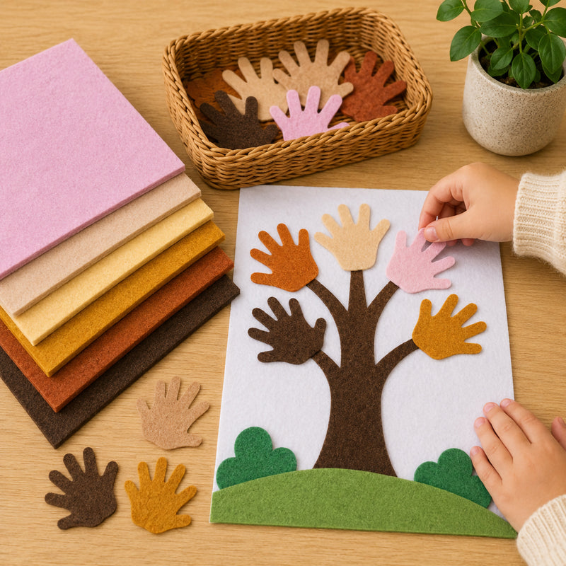 Children create a colourful felt tree artwork using hand shaped felt cut outs as leaves. The activity demonstrates the versatility of the felt sheets for educational projects, fine motor skill development and collaborative classroom activities focused on diversity and creativity.