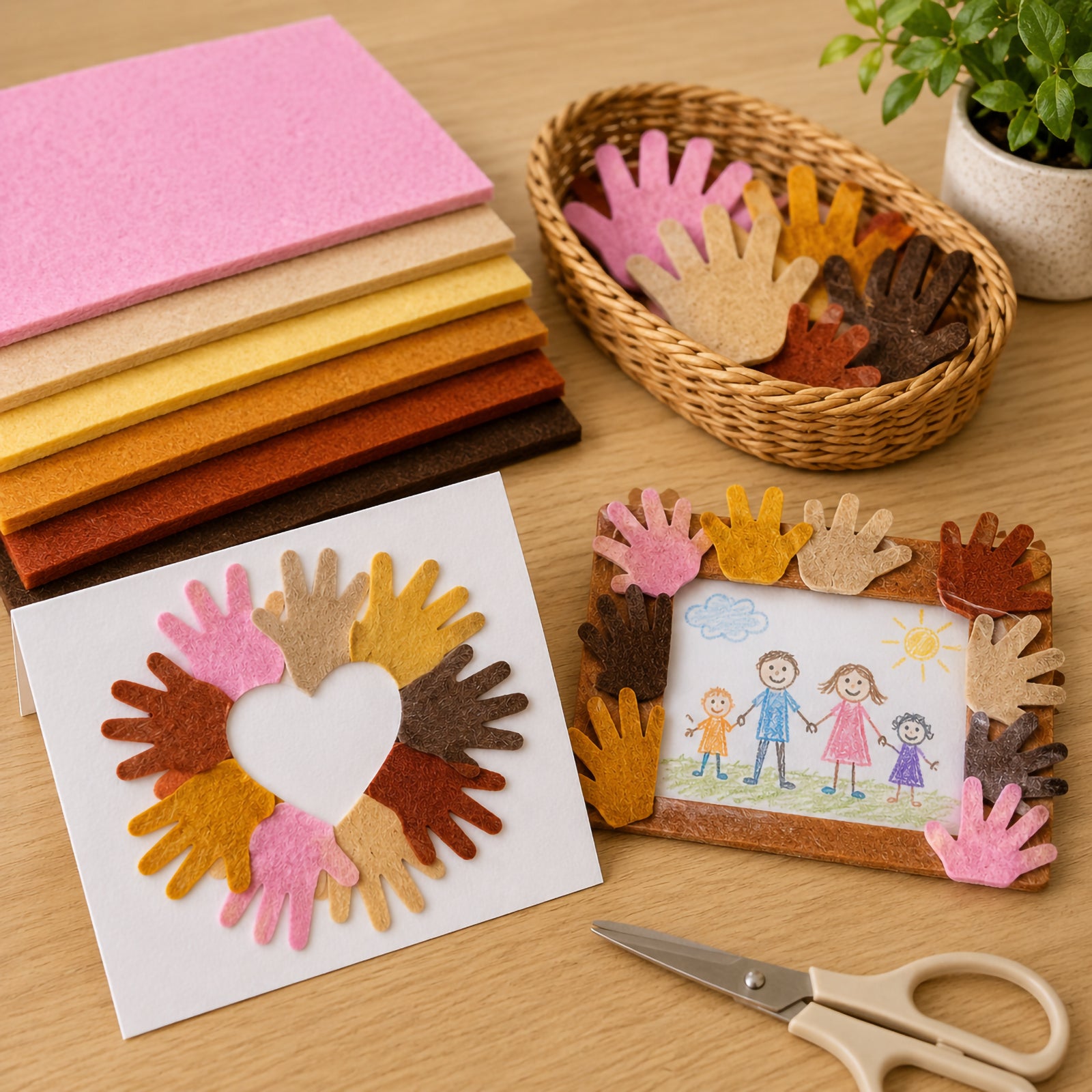 A creative classroom craft display featuring Friendship Colours felt sheets in six skin tone shades. Felt hand shapes are arranged into a heart themed greeting card and a decorative photo frame, demonstrating inclusive art projects that celebrate diversity, belonging and self expression. Craft scissors and felt sheets are displayed on a wooden tabletop.