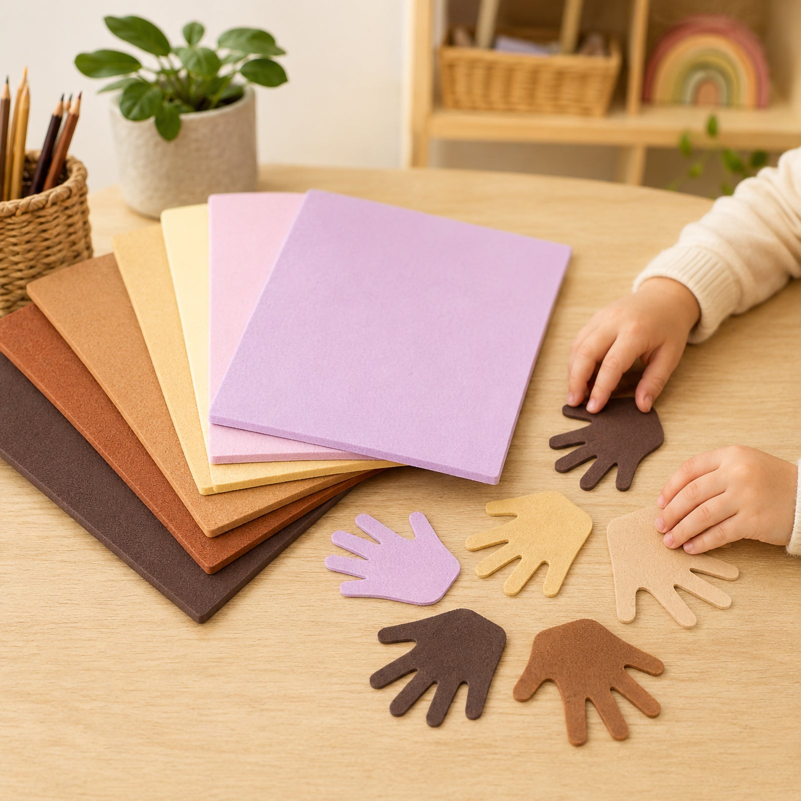 A set of six assorted skin tone foam craft sheets displayed in a fan arrangement on a classroom table. Children's hands interact with hand shaped foam cut outs in matching colours, highlighting the tactile texture, flexibility and suitability for educational craft projects that encourage diversity, identity exploration and creative expression.