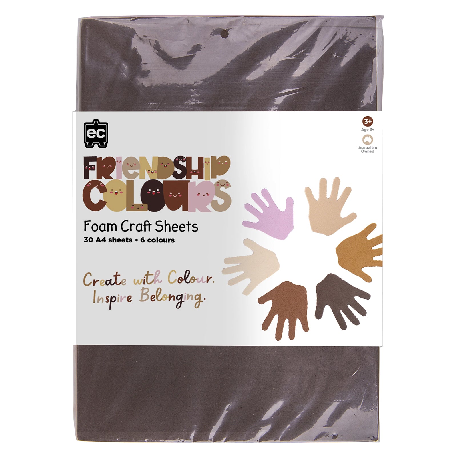 Retail packaging of the Educational Colours Friendship Colours Foam Craft Sheets set. The packaging highlights the six skin tone colour range, 30 A4 sheet quantity and inclusive educational theme, providing a clear overview of the product contents and intended classroom use.