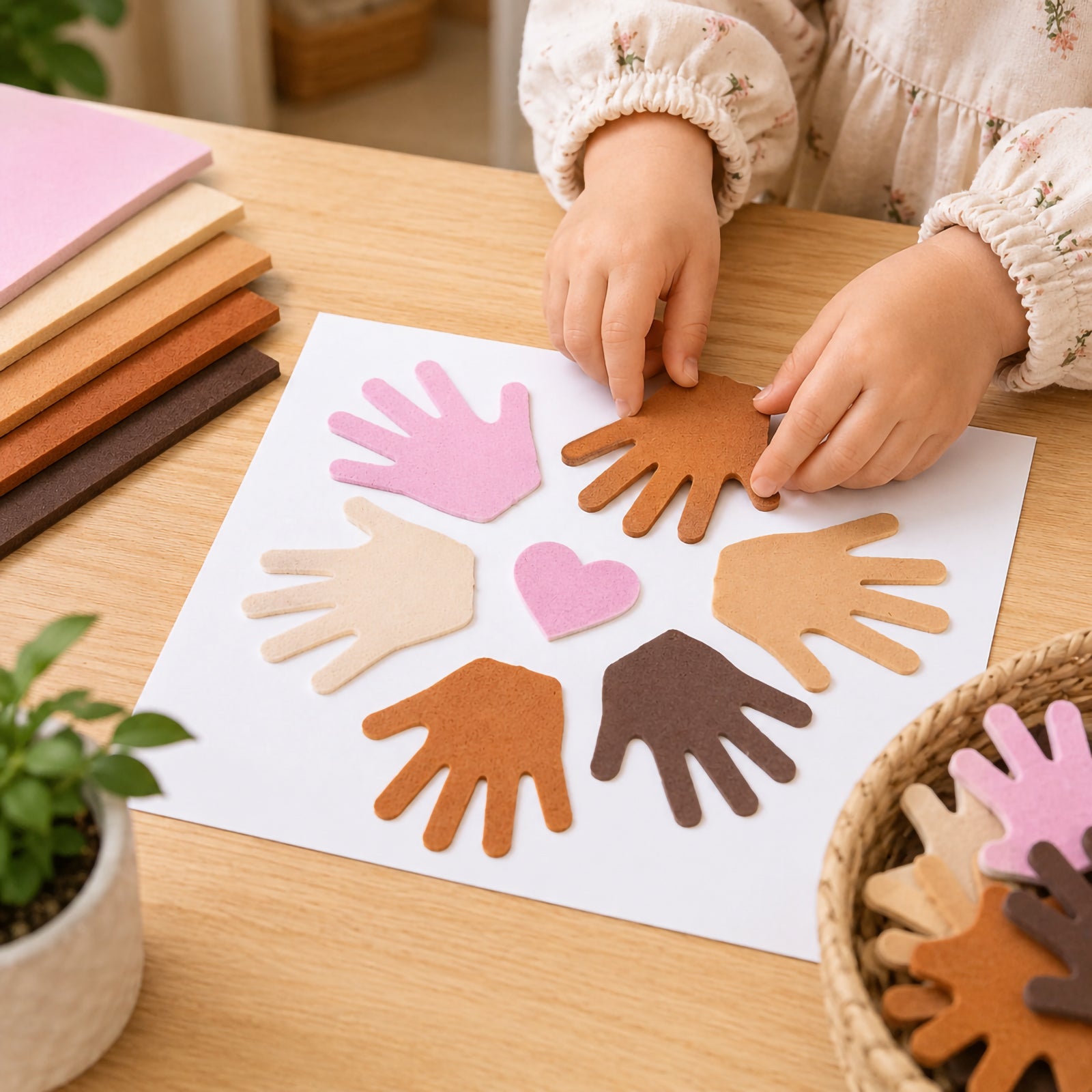 Children assemble hand shaped foam cut outs into a collaborative artwork featuring a heart centrepiece. The image showcases the variety of skin tone colours available and demonstrates how the foam sheets can be used for multicultural activities, classroom discussions about belonging and hands on creative learning experiences.