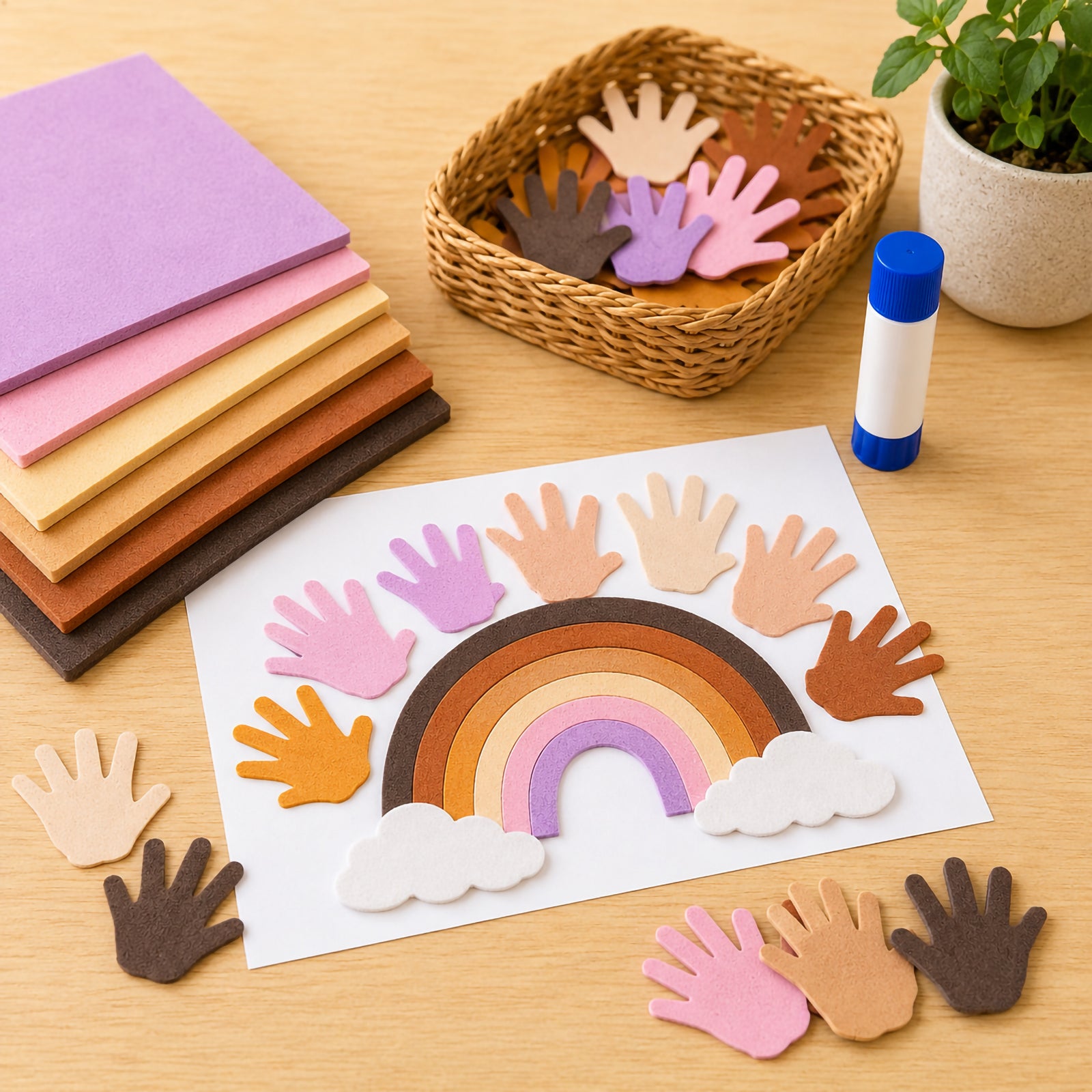 A colourful classroom craft activity featuring Friendship Colours foam sheets arranged in six diverse skin tone shades. Foam hand cut outs surround a rainbow and cloud collage on a tabletop, demonstrating how the sheets can be used for inclusive art projects, multicultural displays and creative learning activities. Additional craft supplies and baskets create a warm educational setting.