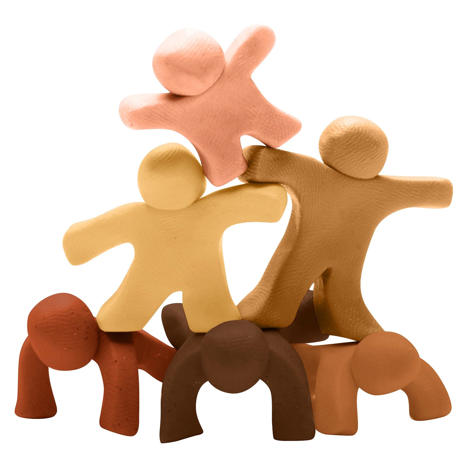 Sculptural arrangement of dough figures stacked together in a cooperative structure. The image represents teamwork, belonging, diversity and imaginative construction while showcasing the range of inclusive skin tone colours.