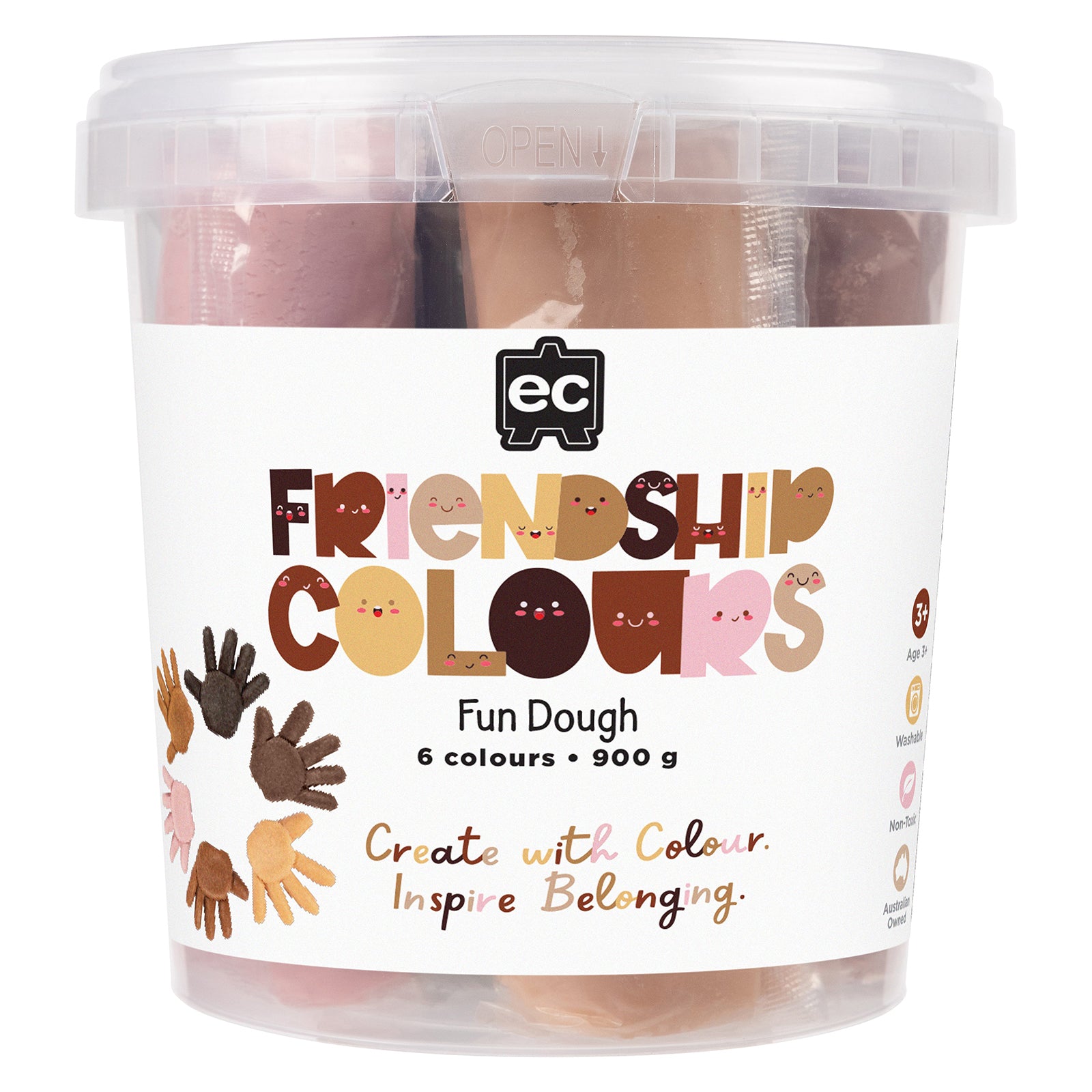 Front facing product image of the Friendship Colours Fun Dough tub showing branding, six colours and key product features. The packaging emphasises inclusive creativity, Australian ownership and suitability for children aged three years and above.
