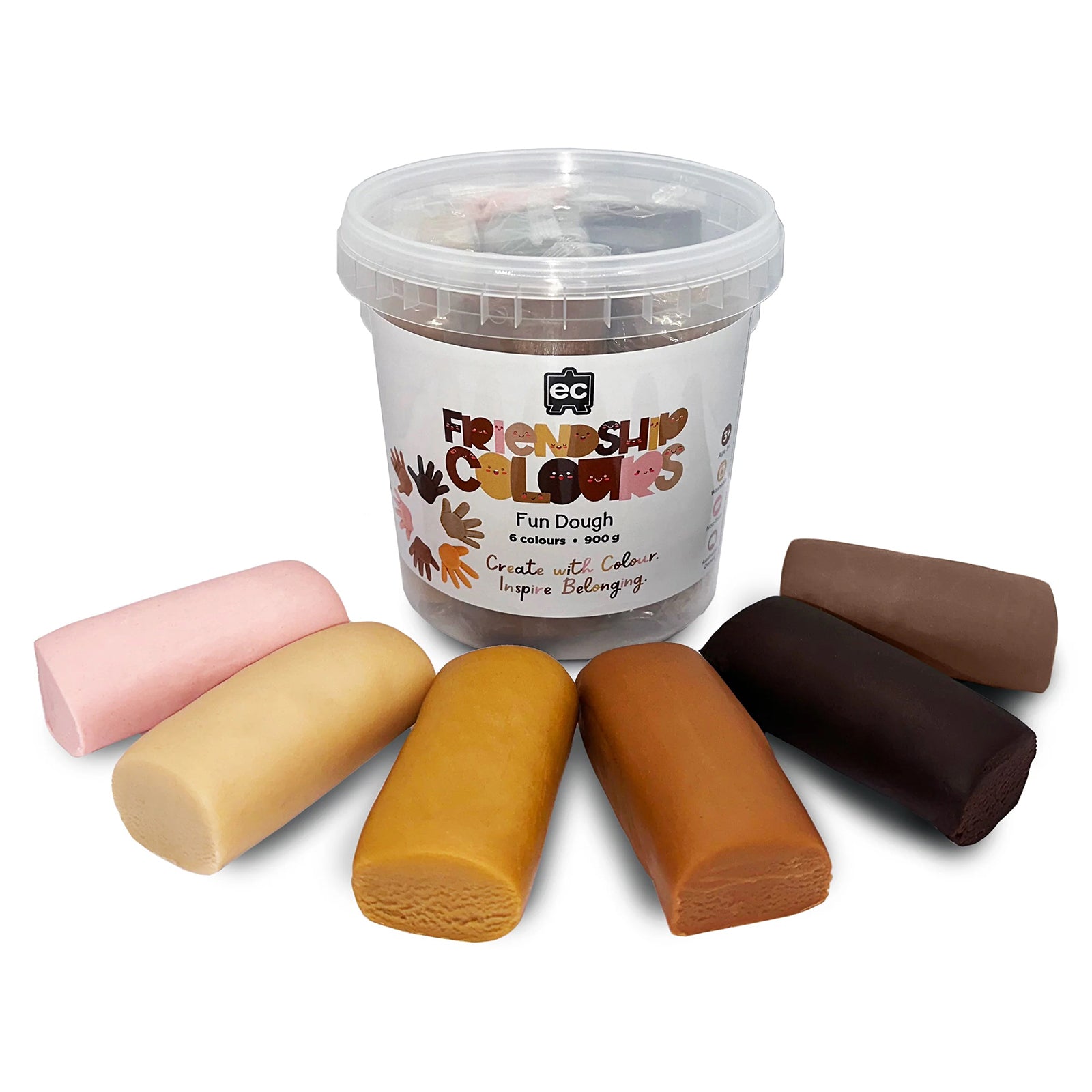Product tub displayed alongside all six dough colours arranged outside the container. The image clearly presents the complete colour assortment and generous 900g quantity designed for classrooms, learning environments and home sensory play.