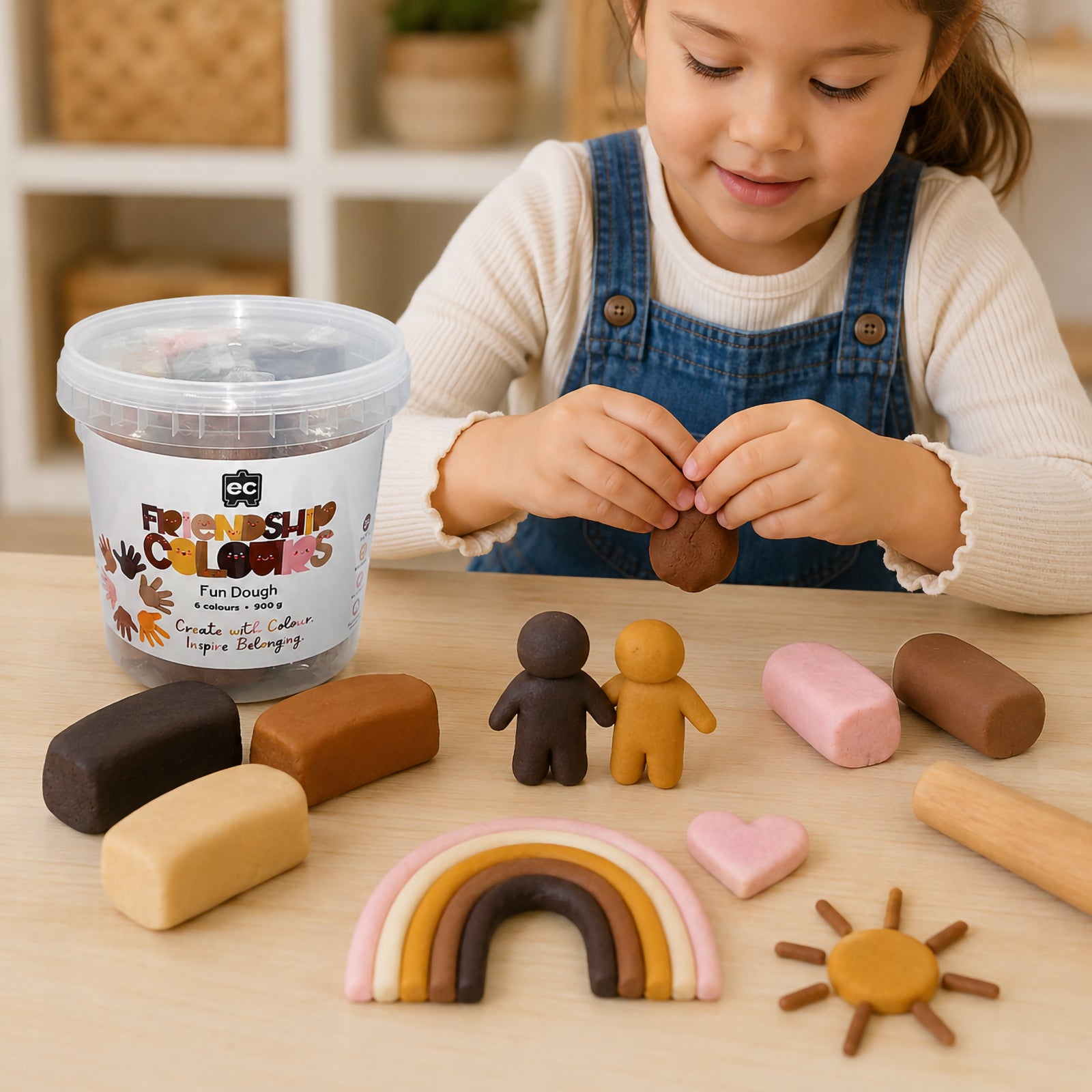 Young child creating figures and colourful shapes using Friendship Colours Fun Dough. The scene features six skin tone inspired dough colours, demonstrating inclusive sensory play, imaginative modelling activities and hands on creative learning suitable for early childhood development.