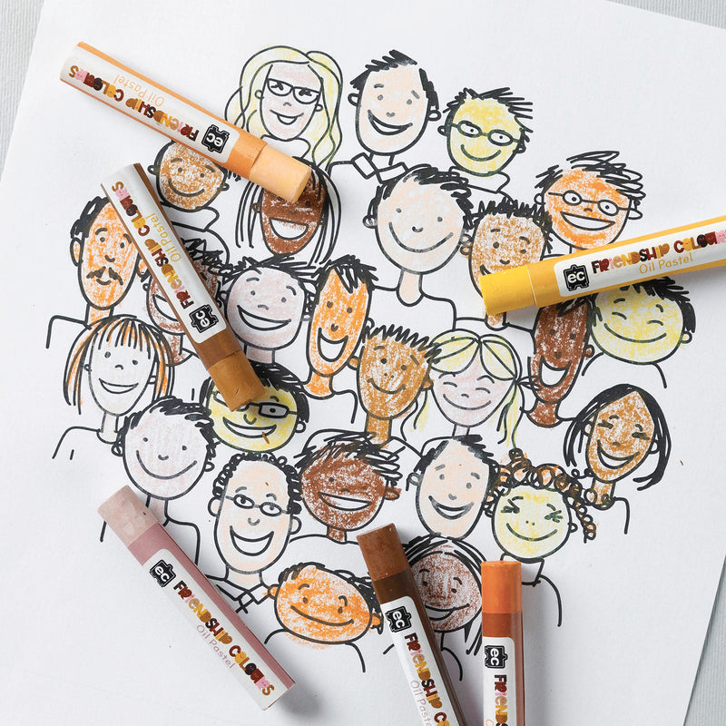 Close up view of Friendship Colours Oil Pastels placed across a community themed portrait page. Various skin tone colours have been used to colour faces and characters, highlighting the pastel set's suitability for diversity focused classroom activities and portrait drawing projects.