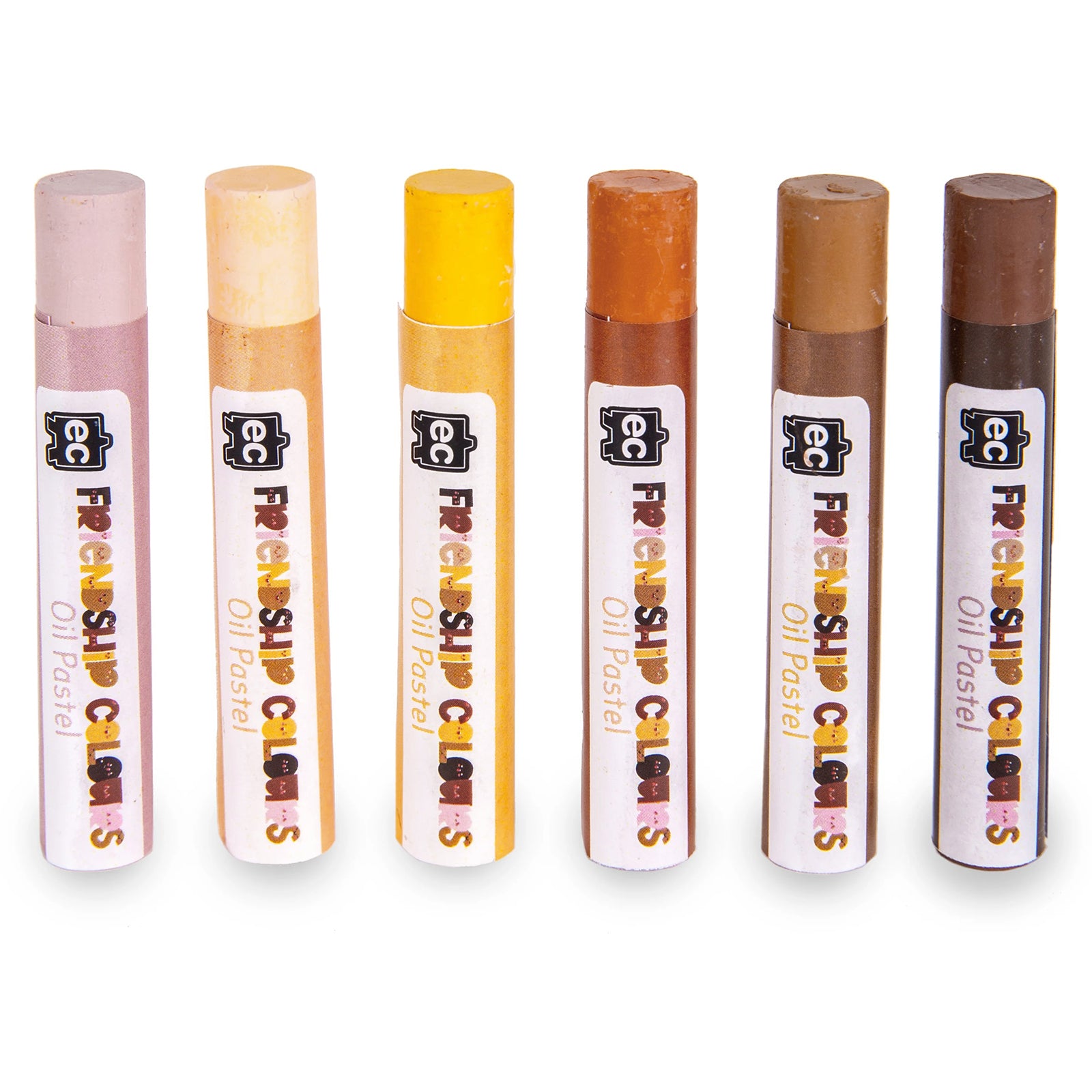 Product display showing all six Friendship Colours Oil Pastel shades arranged side by side. The image clearly presents the range of skin tone inspired colours designed for blending, shading and creating realistic portrait artwork.