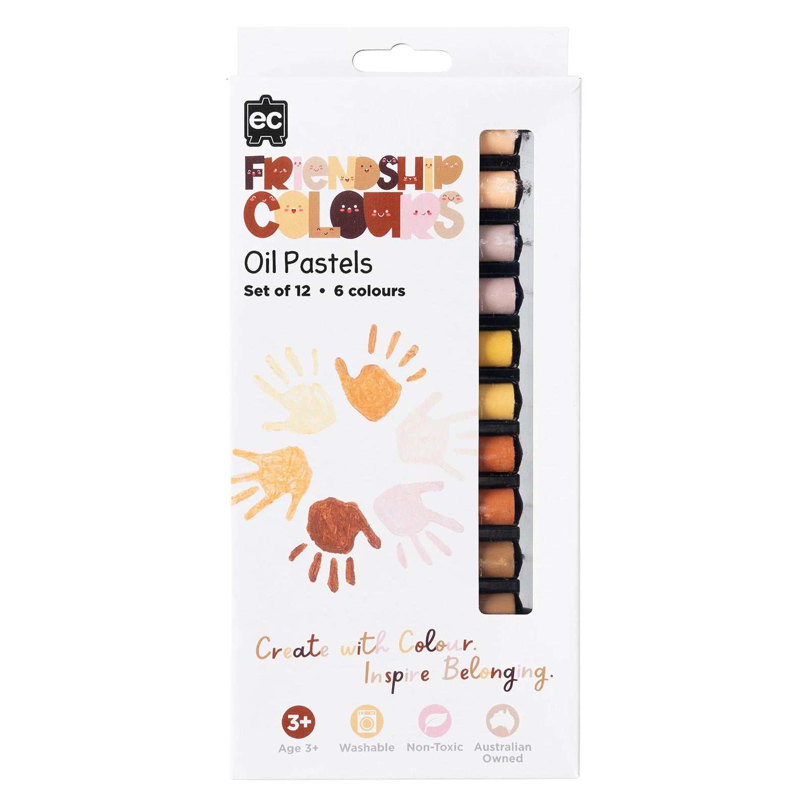 Front packaging image of Friendship Colours Oil Pastels Set of 12 displaying the product branding, inclusive handprint artwork and visible pastel colours. The packaging communicates creativity, diversity, self expression and educational value for young artists.