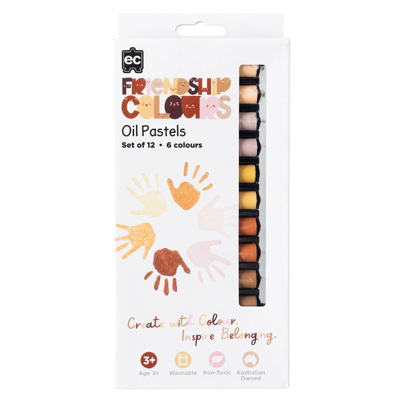 Front packaging image of Friendship Colours Oil Pastels Set of 12 displaying the product branding, inclusive handprint artwork and visible pastel colours. The packaging communicates creativity, diversity, self expression and educational value for young artists.