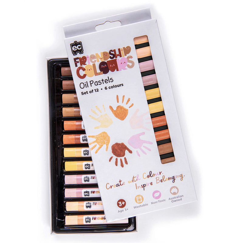 Open packaging view of the Friendship Colours Oil Pastels Set of 12 revealing the pastel tray and product presentation. Packaging highlights washable, non toxic materials, Australian ownership and the educational focus on belonging and inclusion.