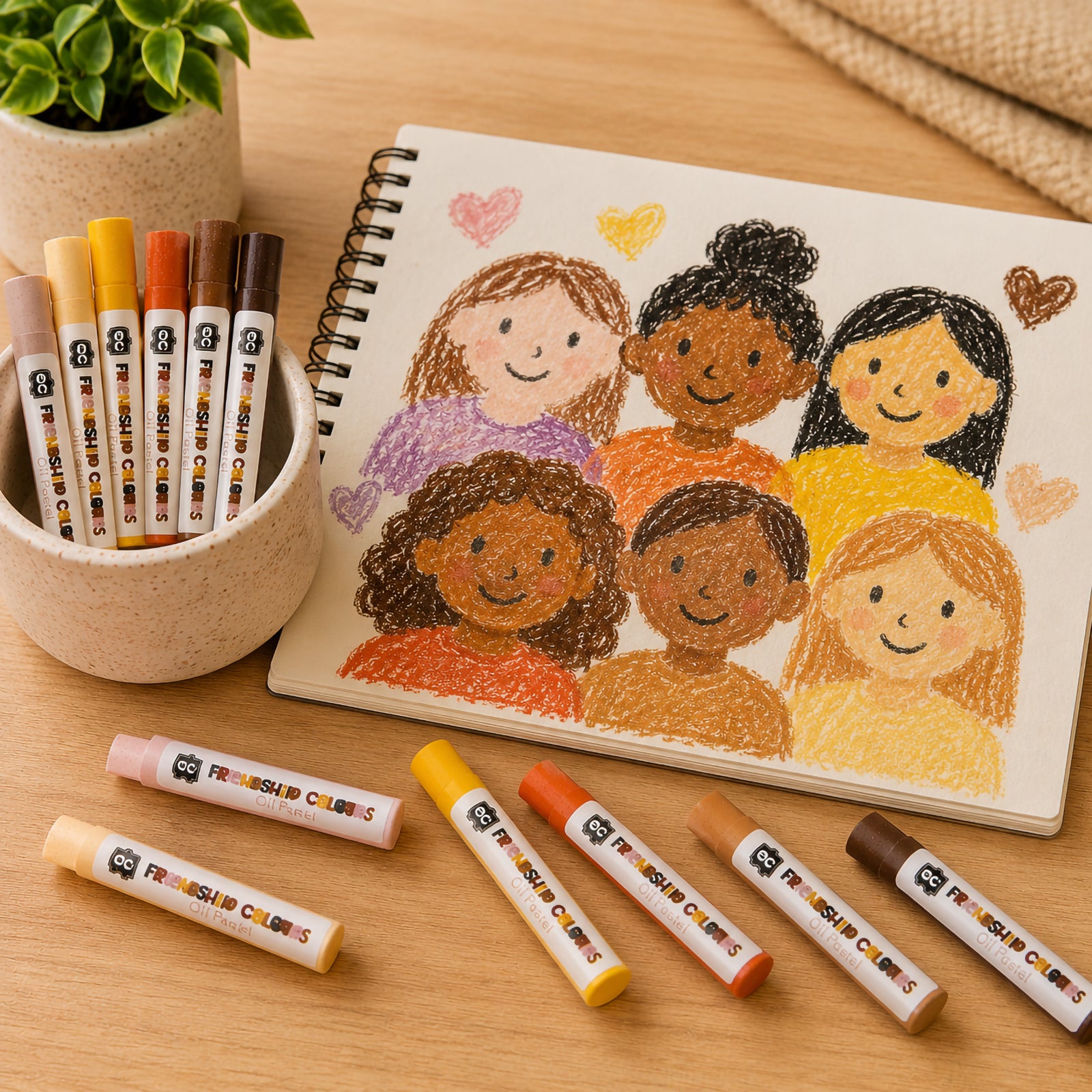 Open sketchbook featuring a group portrait of children drawn using Friendship Colours Oil Pastels. The artwork showcases diverse skin tones and demonstrates how the pastel set supports multicultural learning, self representation and creative storytelling through inclusive illustration.