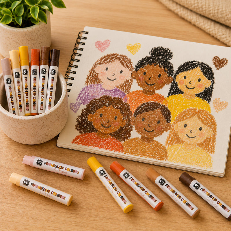 Open sketchbook featuring a group portrait of children drawn using Friendship Colours Oil Pastels. The artwork showcases diverse skin tones and demonstrates how the pastel set supports multicultural learning, self representation and creative storytelling through inclusive illustration.