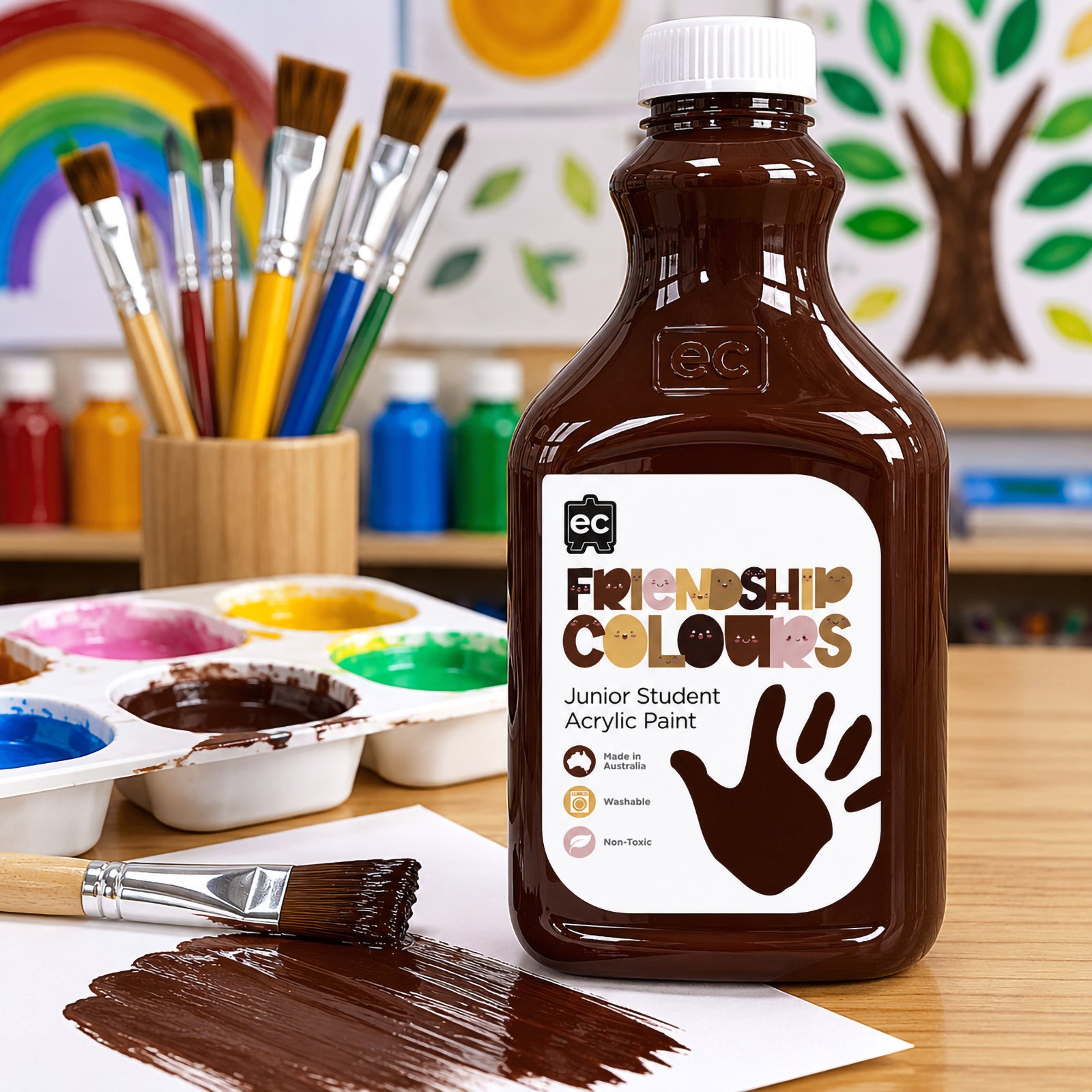 Friendship Colours Espresso Acrylic Paint showcased in a vibrant classroom environment with colourful paint palettes, brushes and children's artwork featuring rainbows, trees and nature themes. The deep espresso shade demonstrates excellent coverage and versatility for portraits, cultural activities and creative classroom displays.