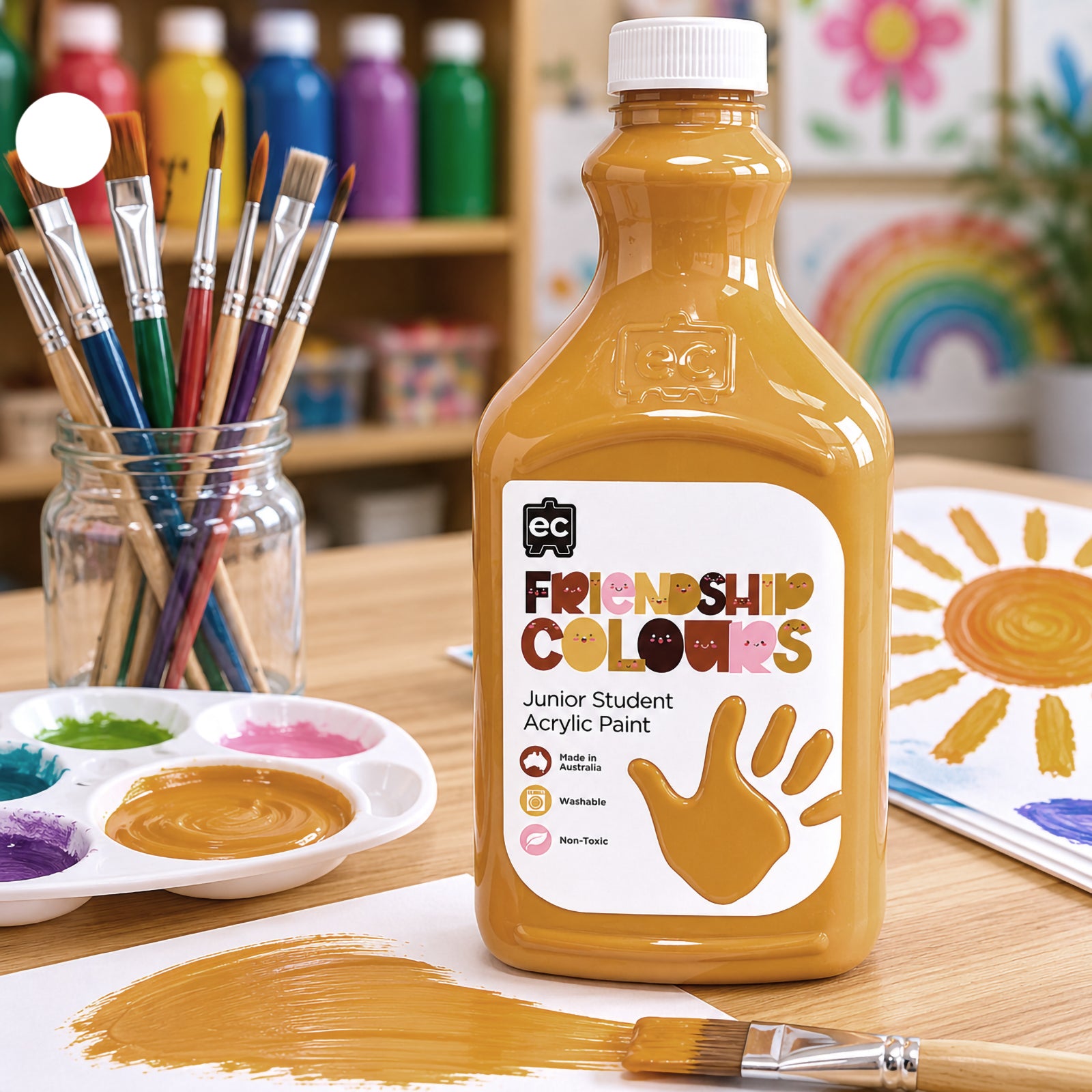 Friendship Colours Honey Acrylic Paint showcased in an active classroom art setting with paint palettes, brushes and student drawings featuring a rainbow and sunshine. The warm honey shade is prominently displayed, demonstrating its use for portraits, creative projects and inclusive artistic expression.