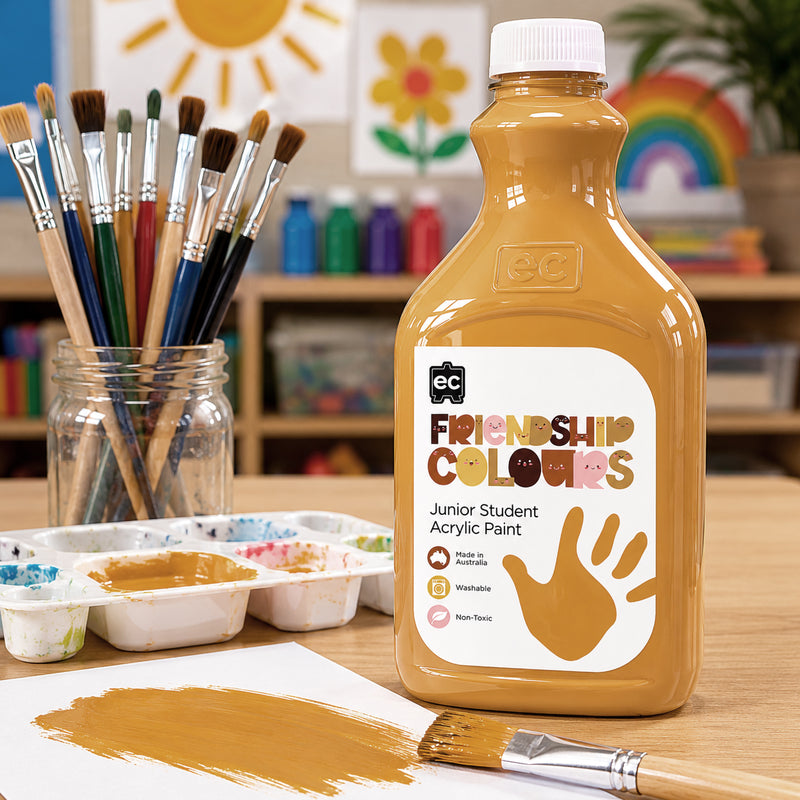 Large 2 litre bottle of Friendship Colours Honey Acrylic Paint positioned beside artist brushes in a glass jar and paint palettes prepared for student activities. Bright classroom artwork and colourful paint bottles provide a vibrant backdrop, highlighting the paint's suitability for educational and collaborative art projects.