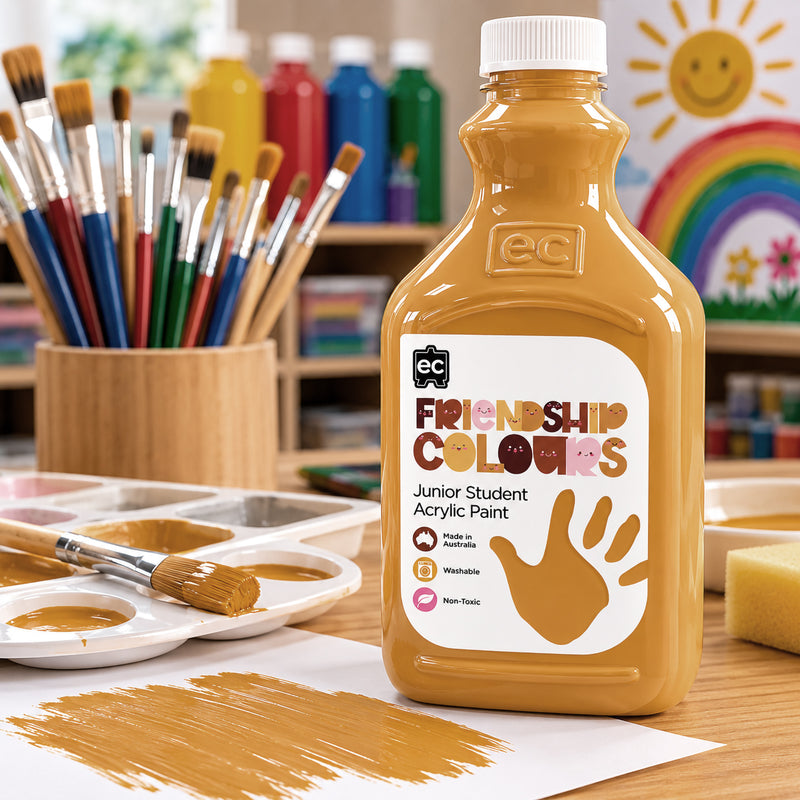 Educational Colours Friendship Colours Honey Acrylic Paint 2L displayed on a classroom art table with paint brushes, paint trays and a freshly painted honey coloured brushstroke. Colourful paint bottles, a rainbow drawing and cheerful classroom artwork in the background create a welcoming educational environment focused on creativity and inclusion.