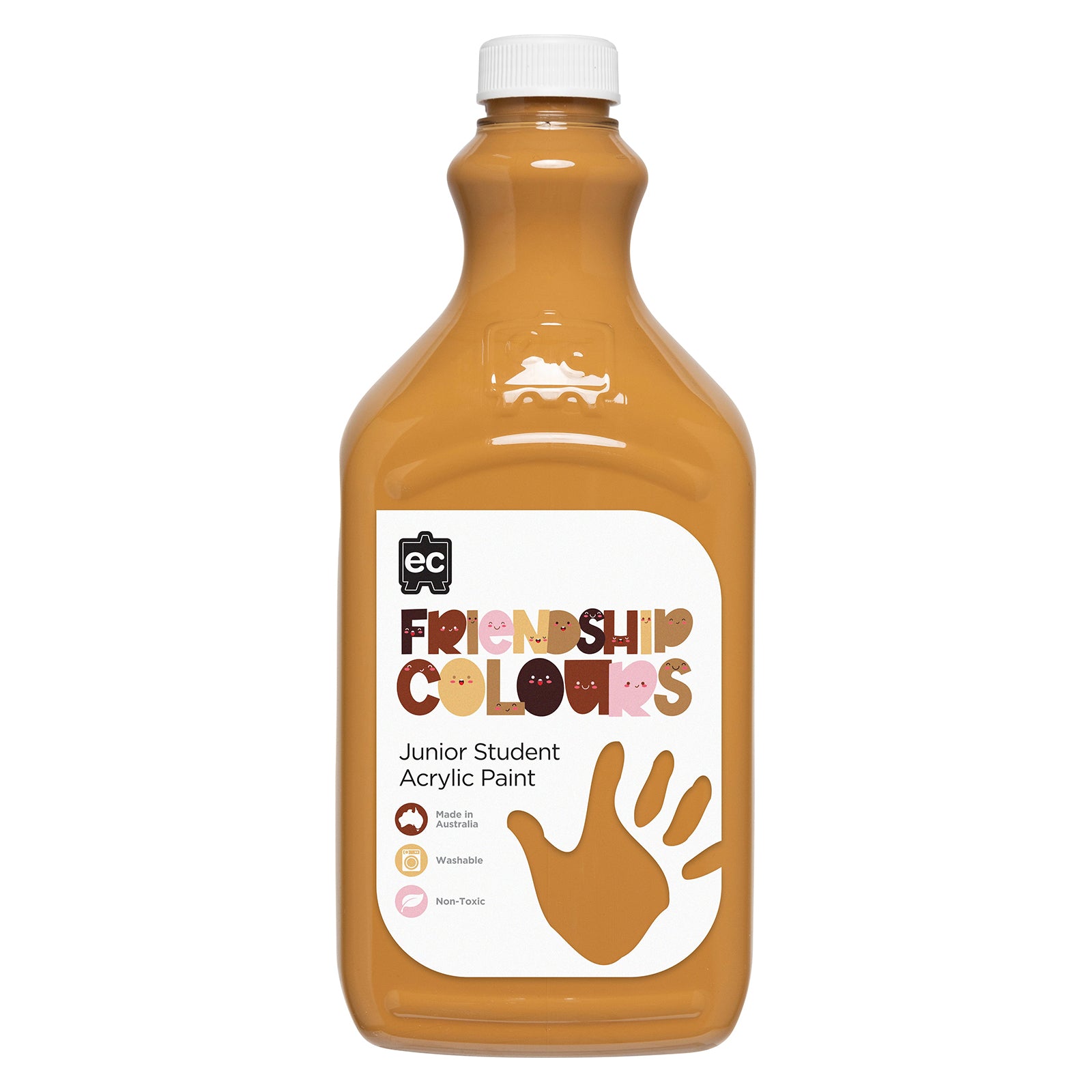 Clean product pack shot of Educational Colours Friendship Colours Honey Acrylic Paint 2L against a plain background. The image clearly displays the bottle design, colour representation, product branding and key benefits including washable, non toxic and Australian made qualities.