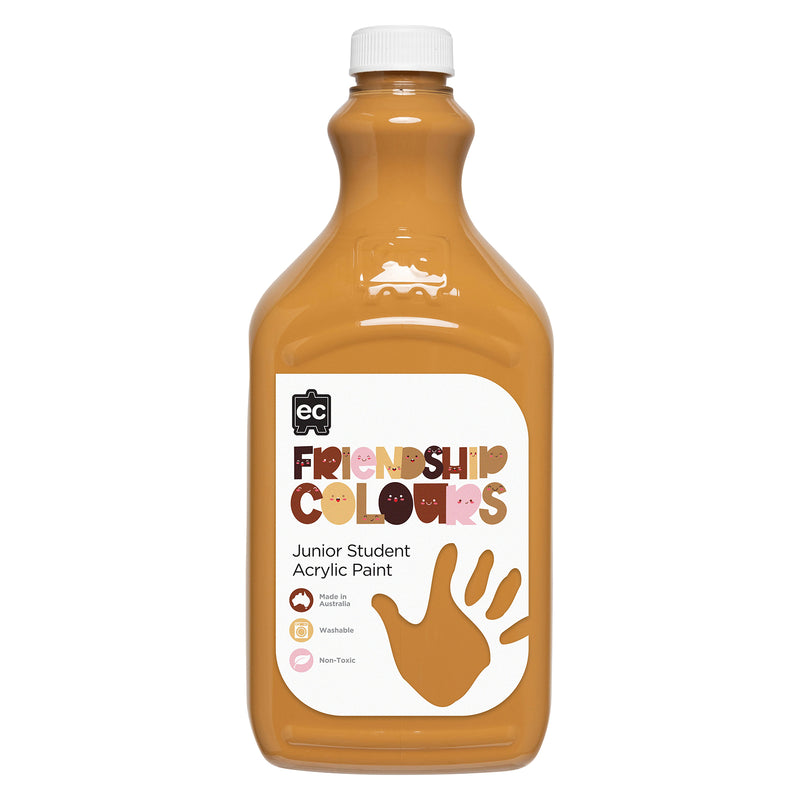 Clean product pack shot of Educational Colours Friendship Colours Honey Acrylic Paint 2L against a plain background. The image clearly displays the bottle design, colour representation, product branding and key benefits including washable, non toxic and Australian made qualities.