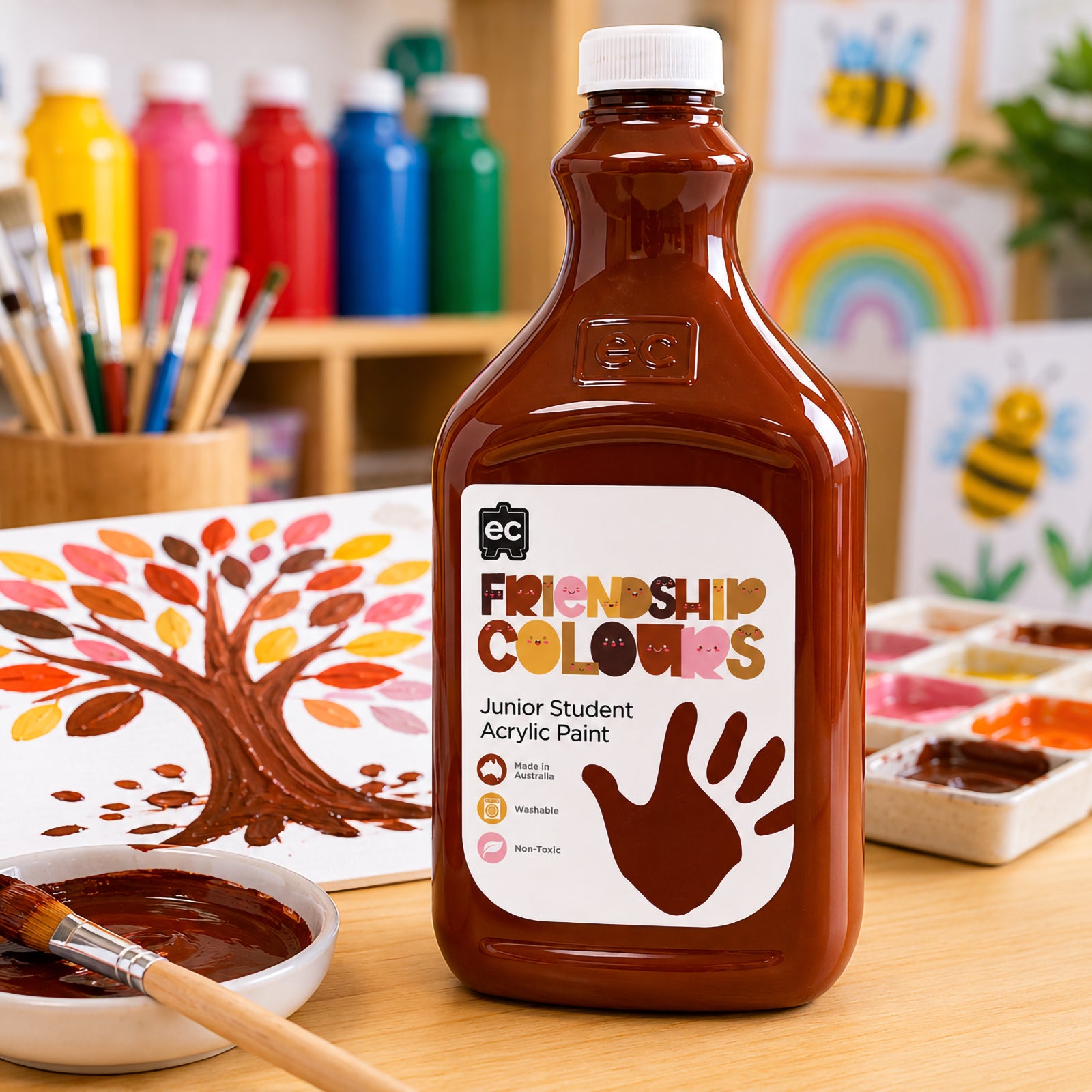 Friendship Colours Mahogany Acrylic Paint showcased alongside a painted autumn tree artwork featuring rich brown branches and colourful leaves. Paint trays and classroom art materials surround the bottle, highlighting its versatility for seasonal projects, nature studies and collaborative creative activities.